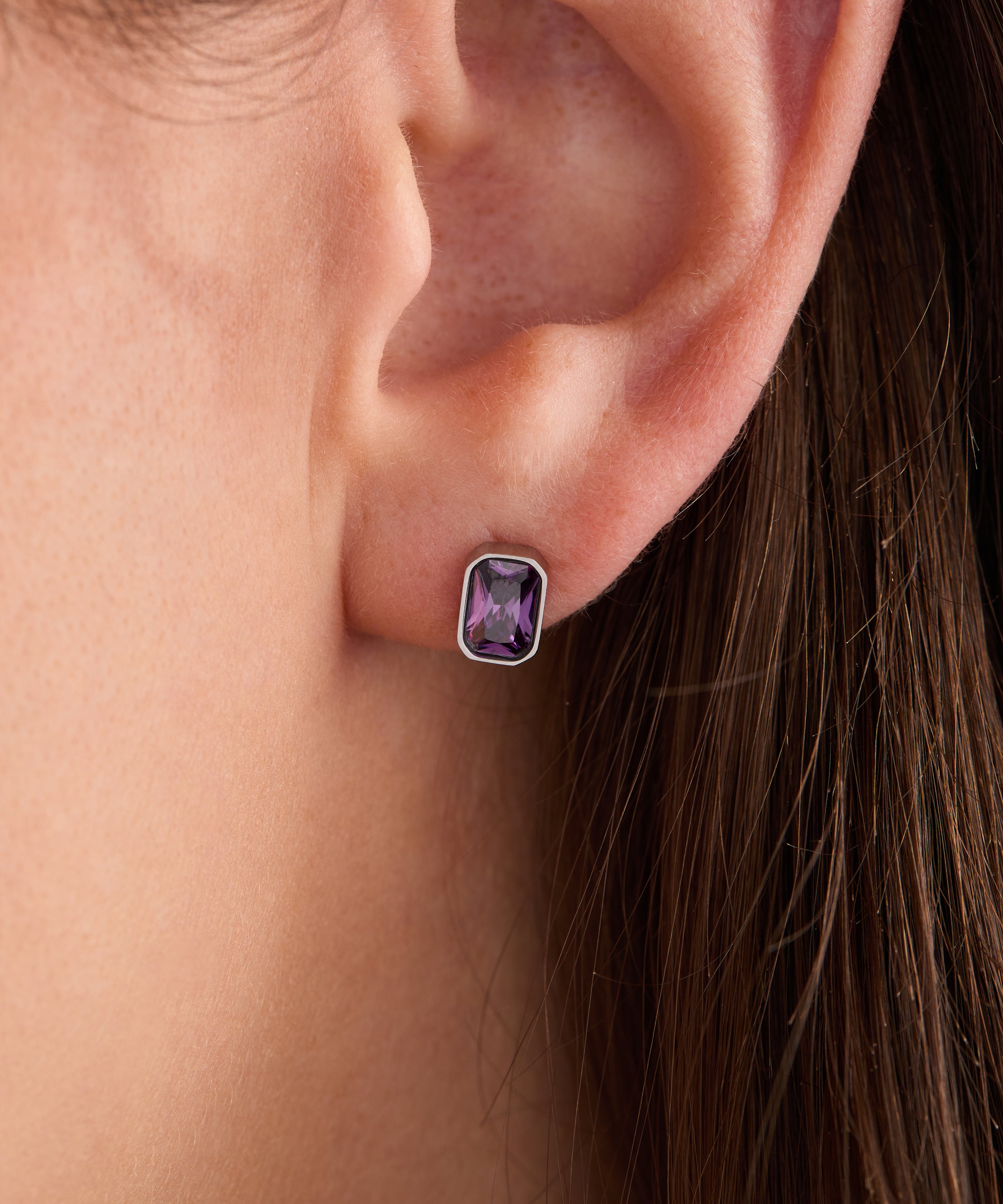 February Emerald-Cut Birthstone Stud Earrings