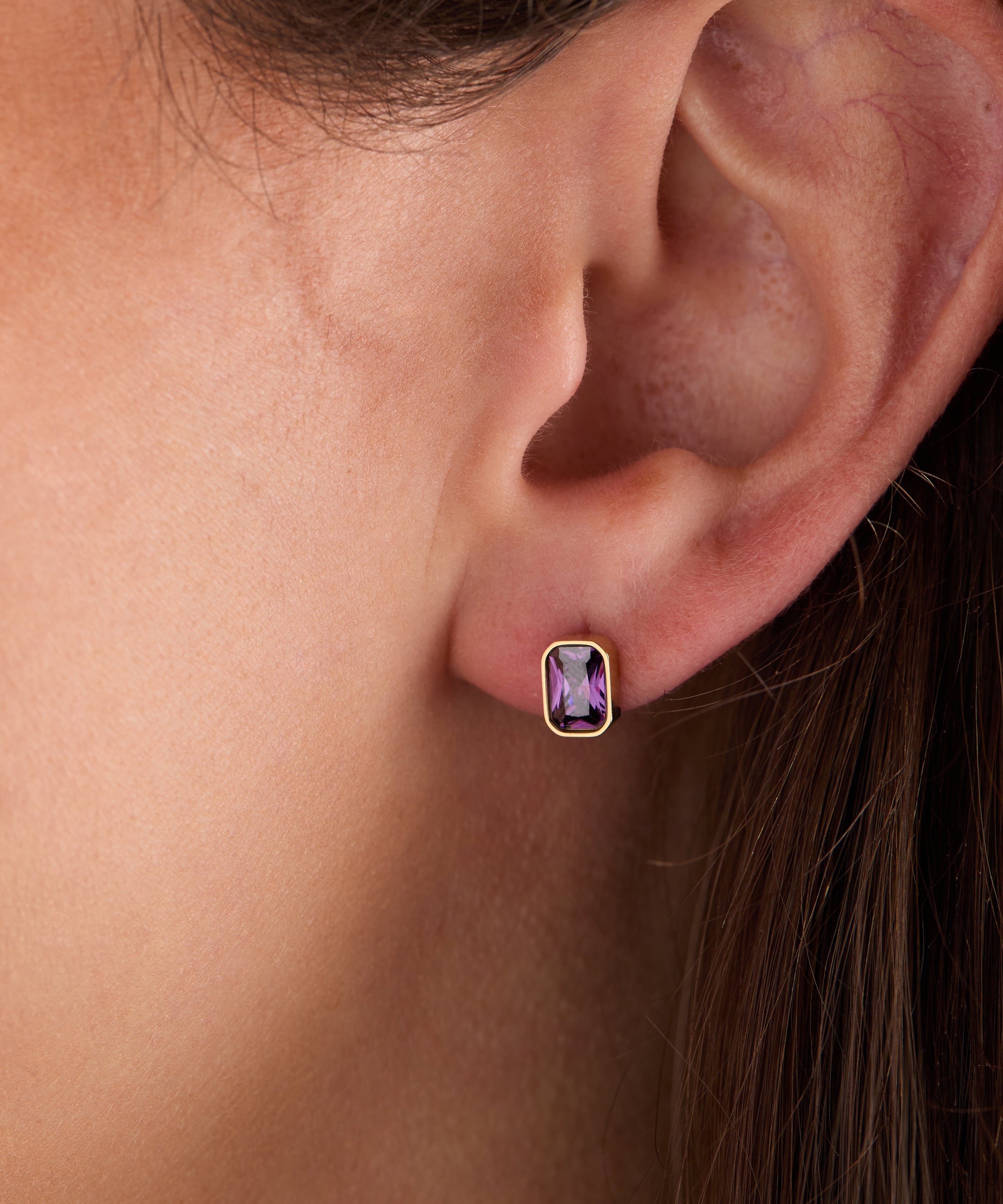 February Emerald-Cut Birthstone Stud Earrings