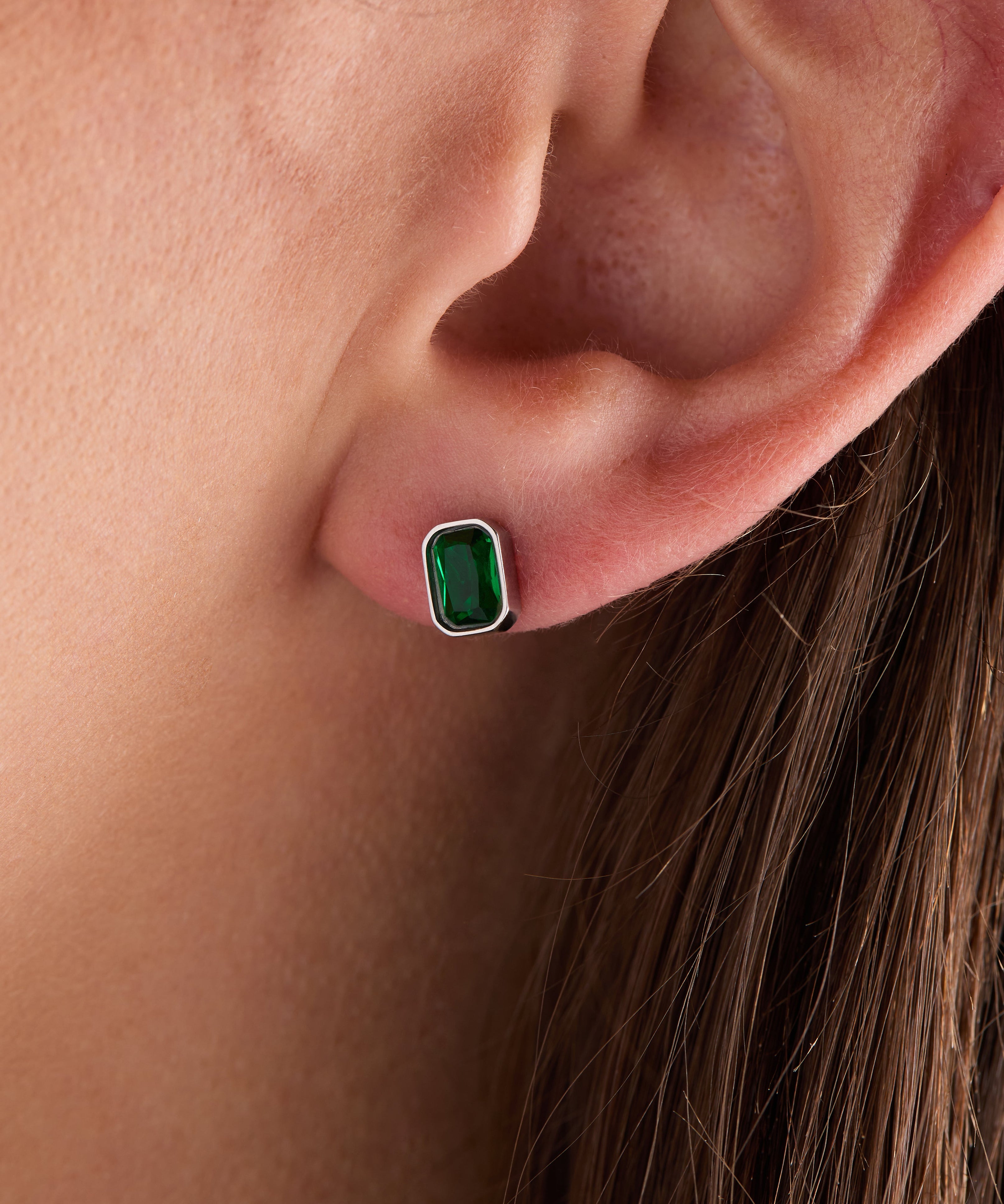 May Emerald-Cut Birthstone Stud Earrings