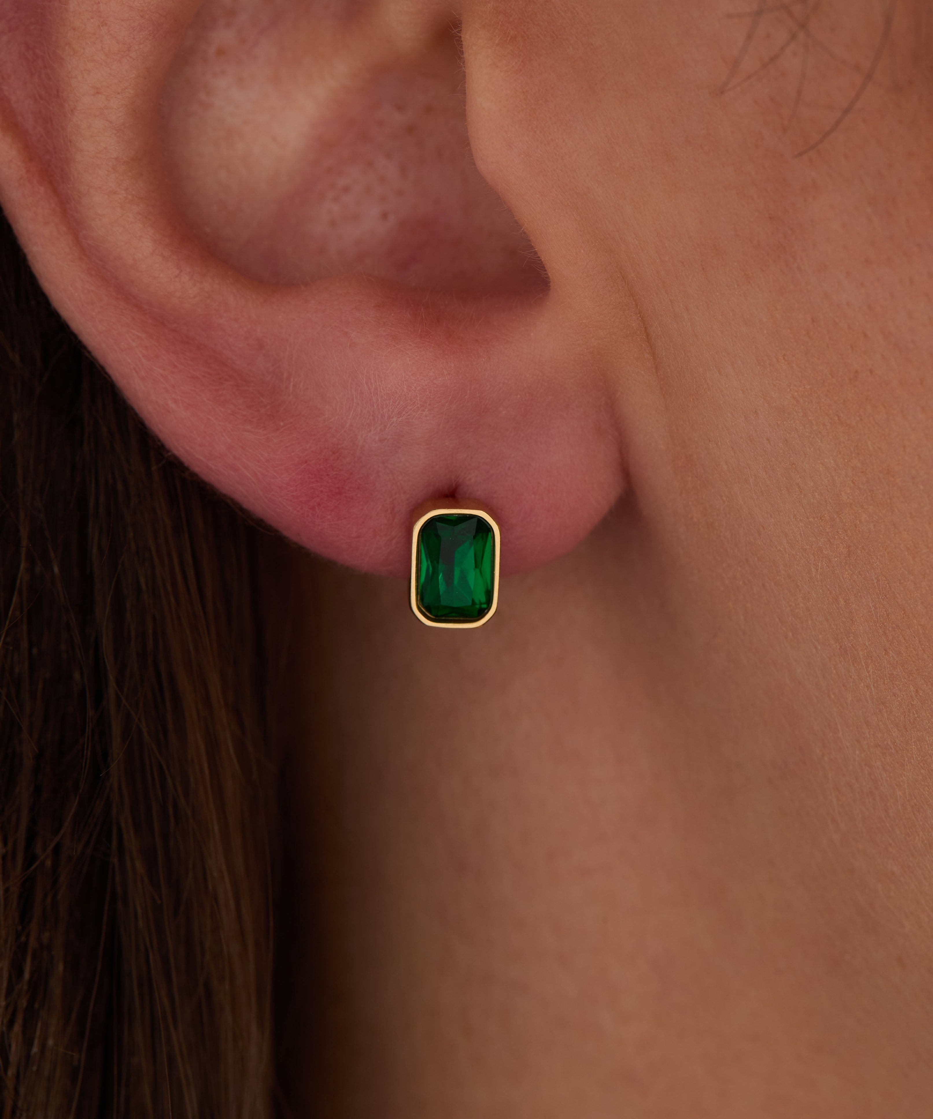 May Emerald-Cut Birthstone Stud Earrings