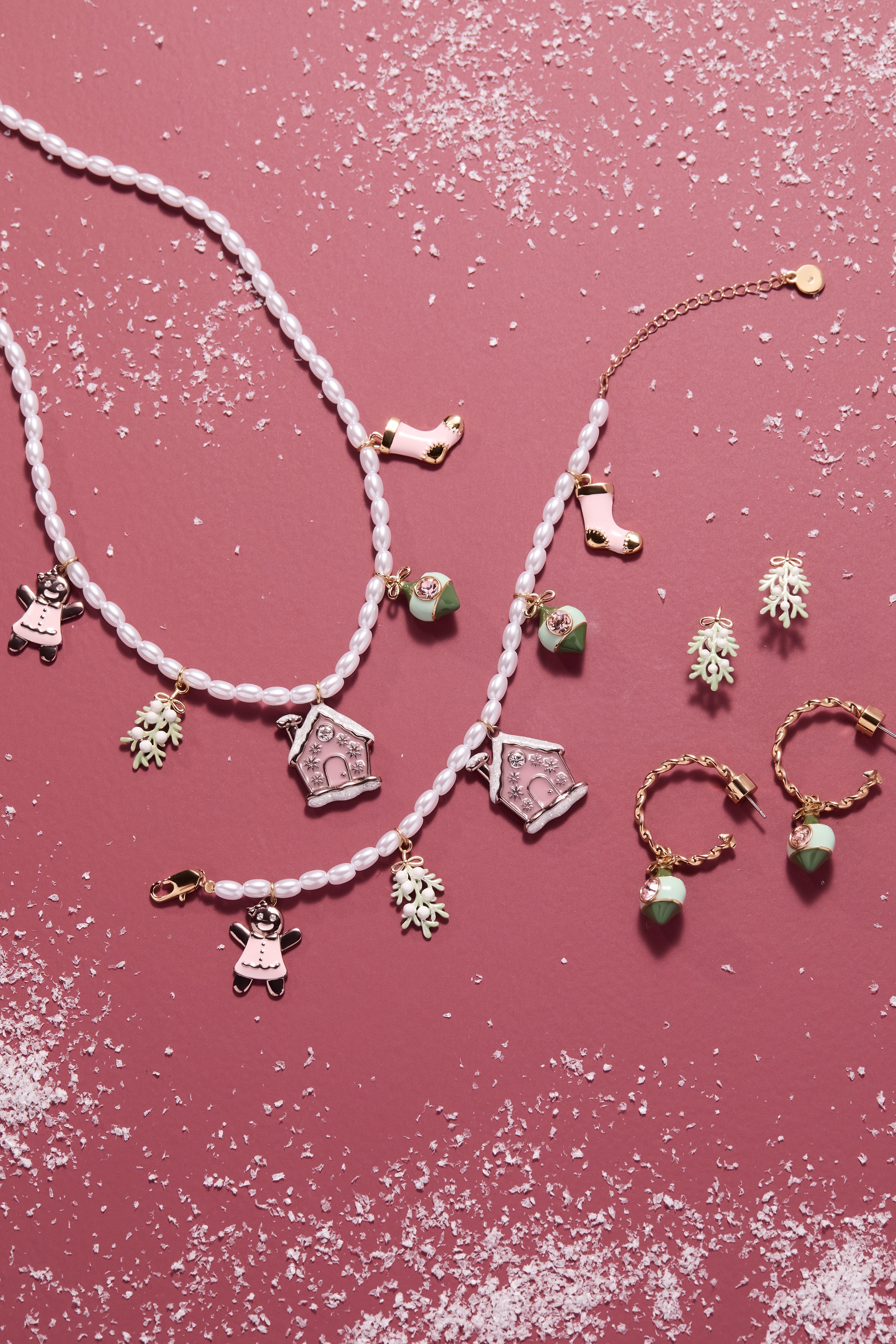Pink Christmas Beaded Charm Necklace