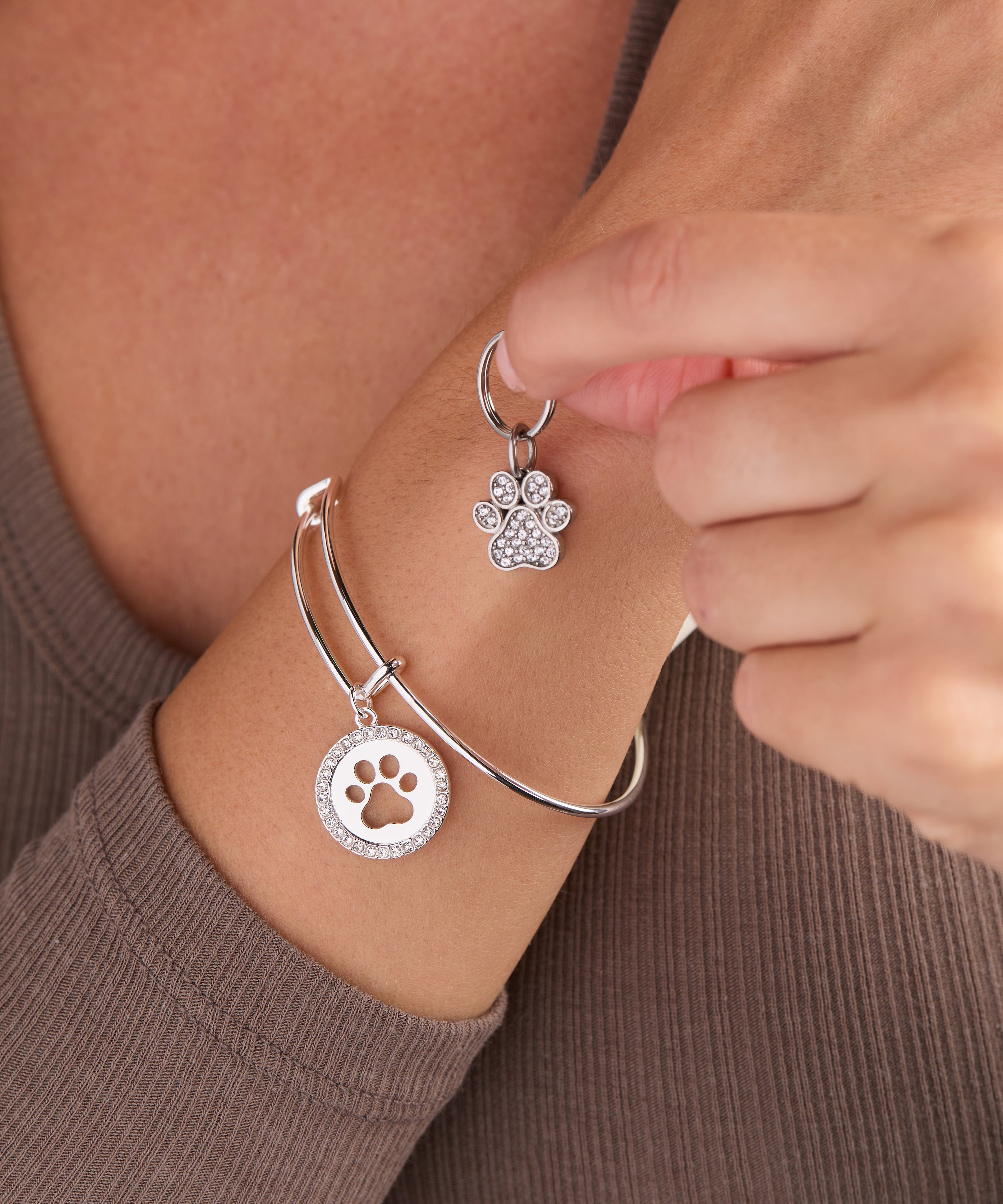 Paw Print Bangle & Pet Collar Charm Set of 2