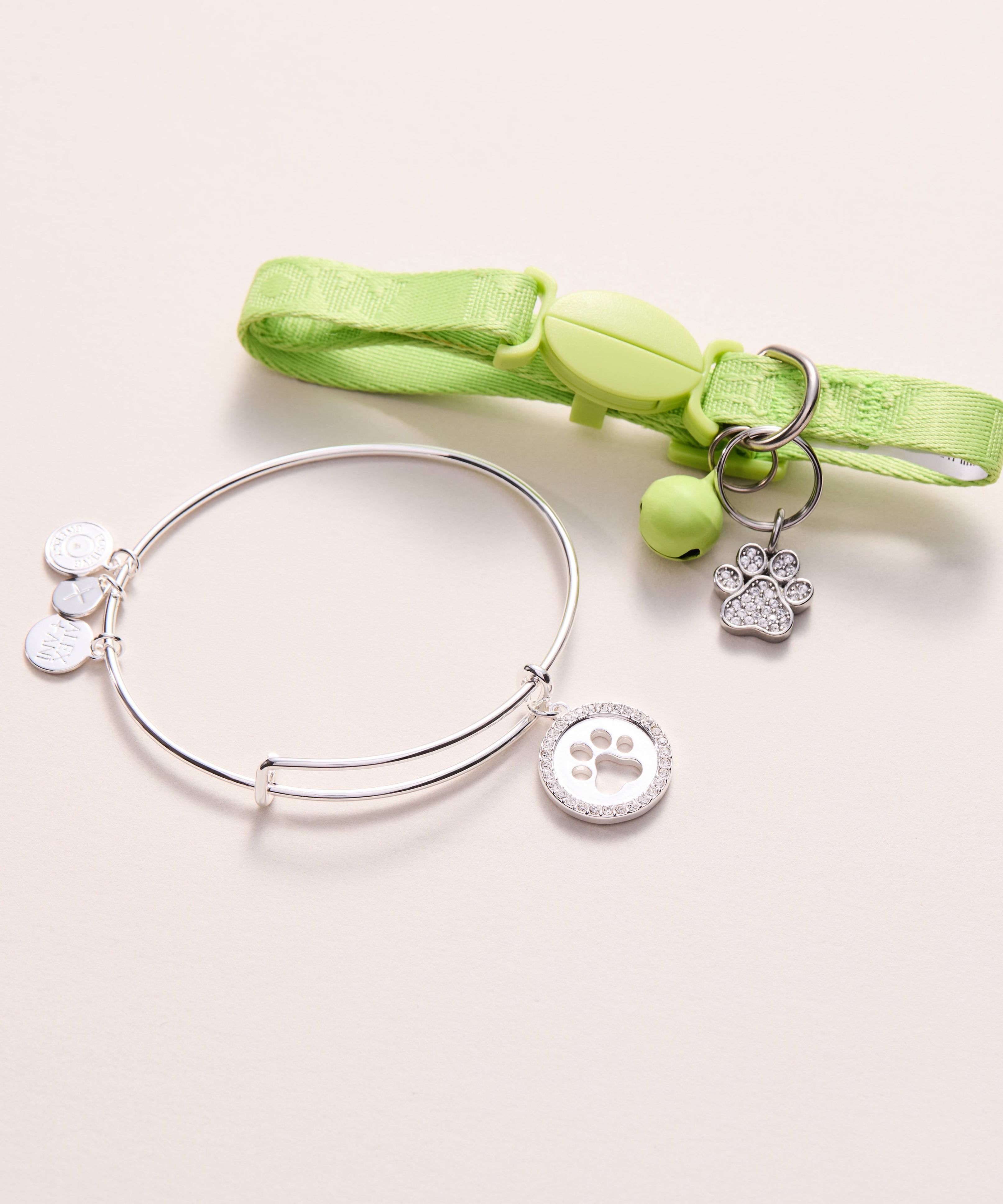 Paw Print Bangle & Pet Collar Charm Set of 2