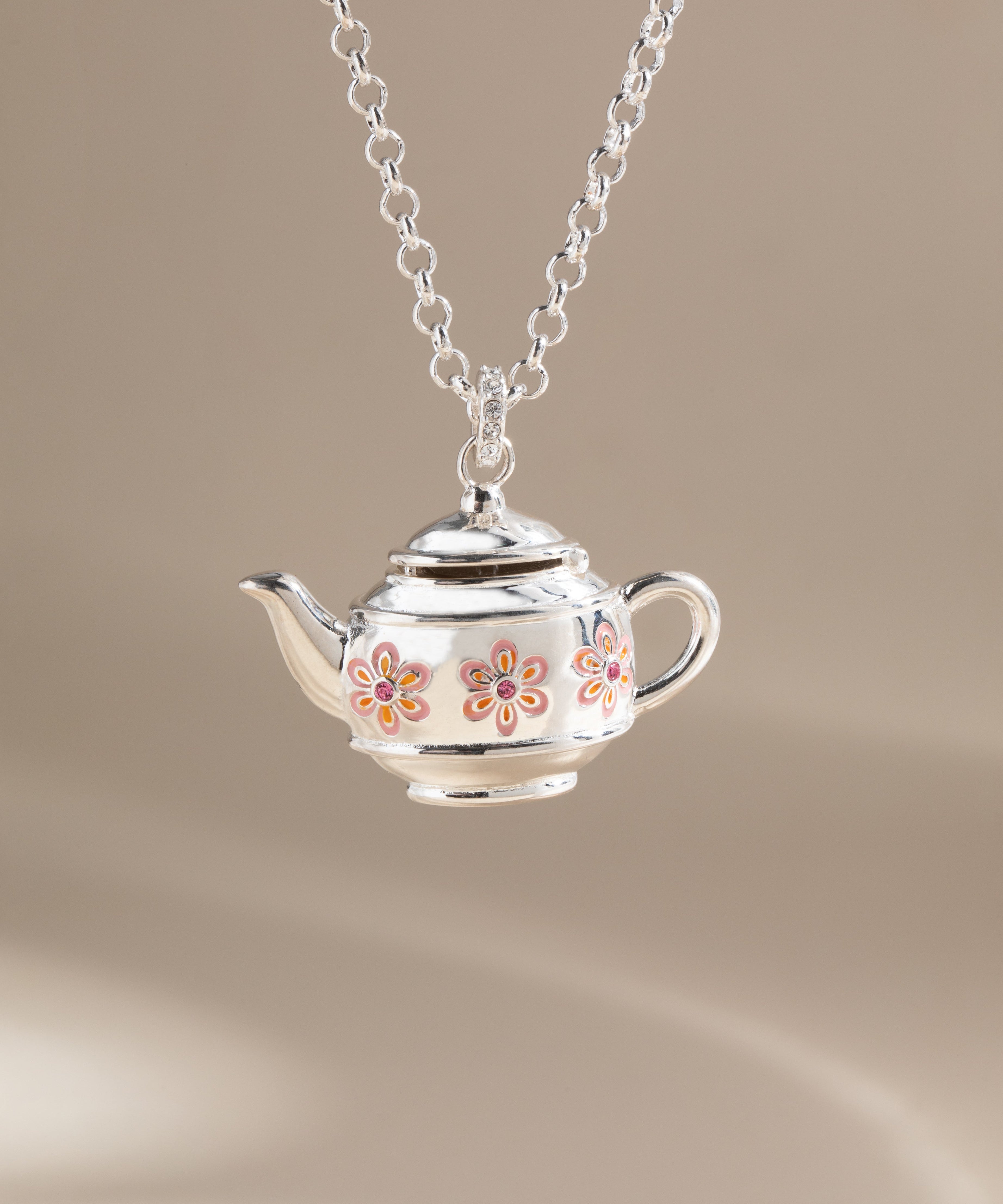 Floral Teapot Locket Pendant Necklace