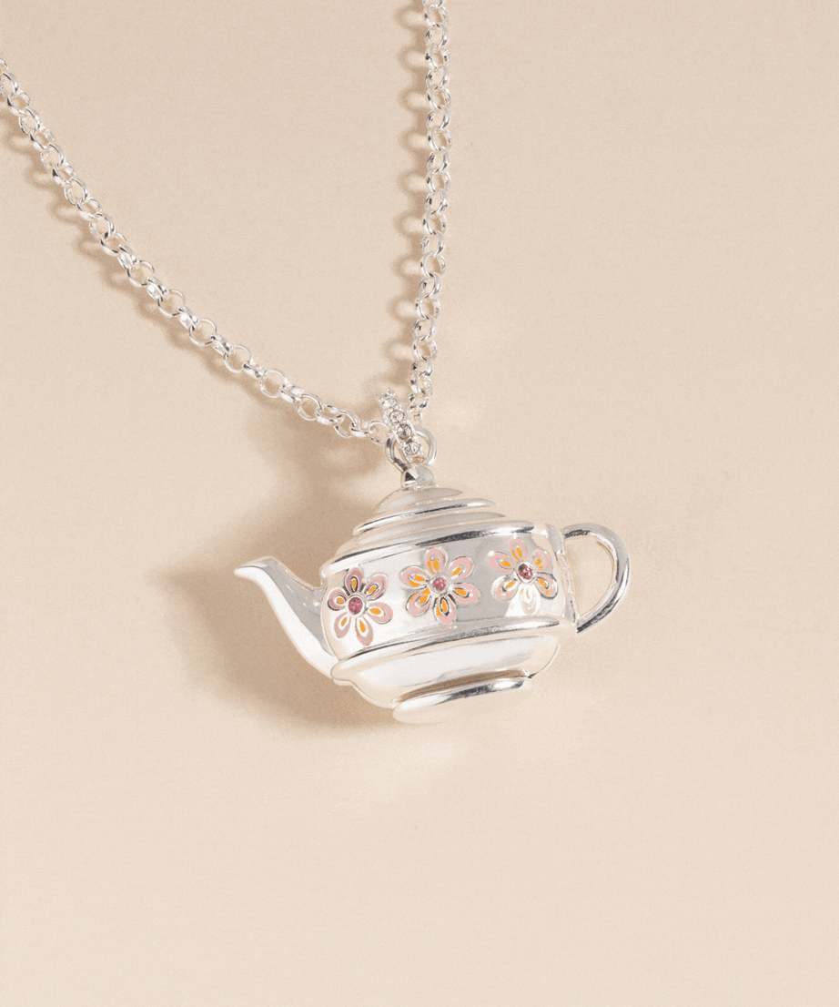 Floral Teapot Locket Pendant Necklace