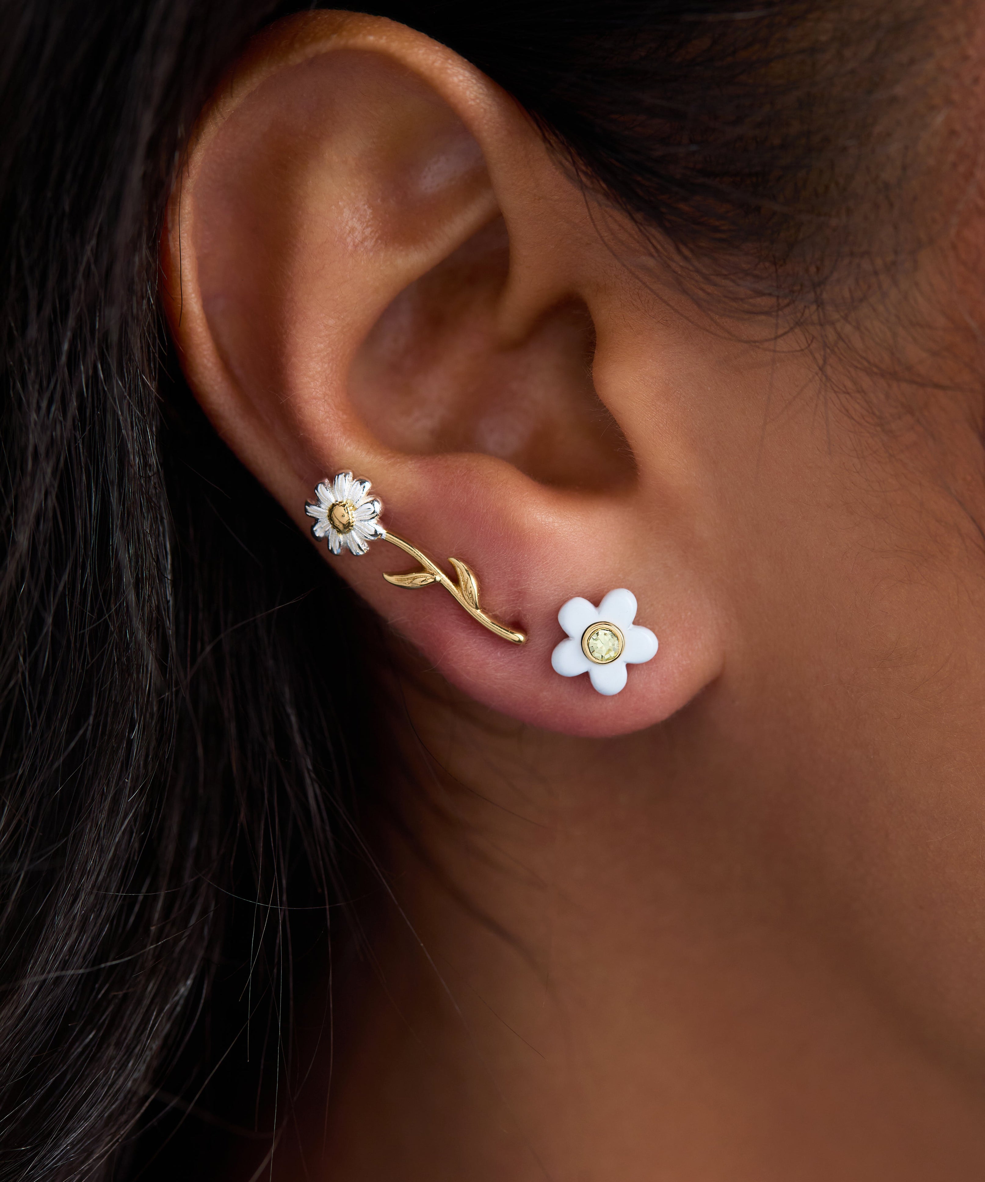 Daisy Flower Stud and Huggie Hoop Earring Set of 3