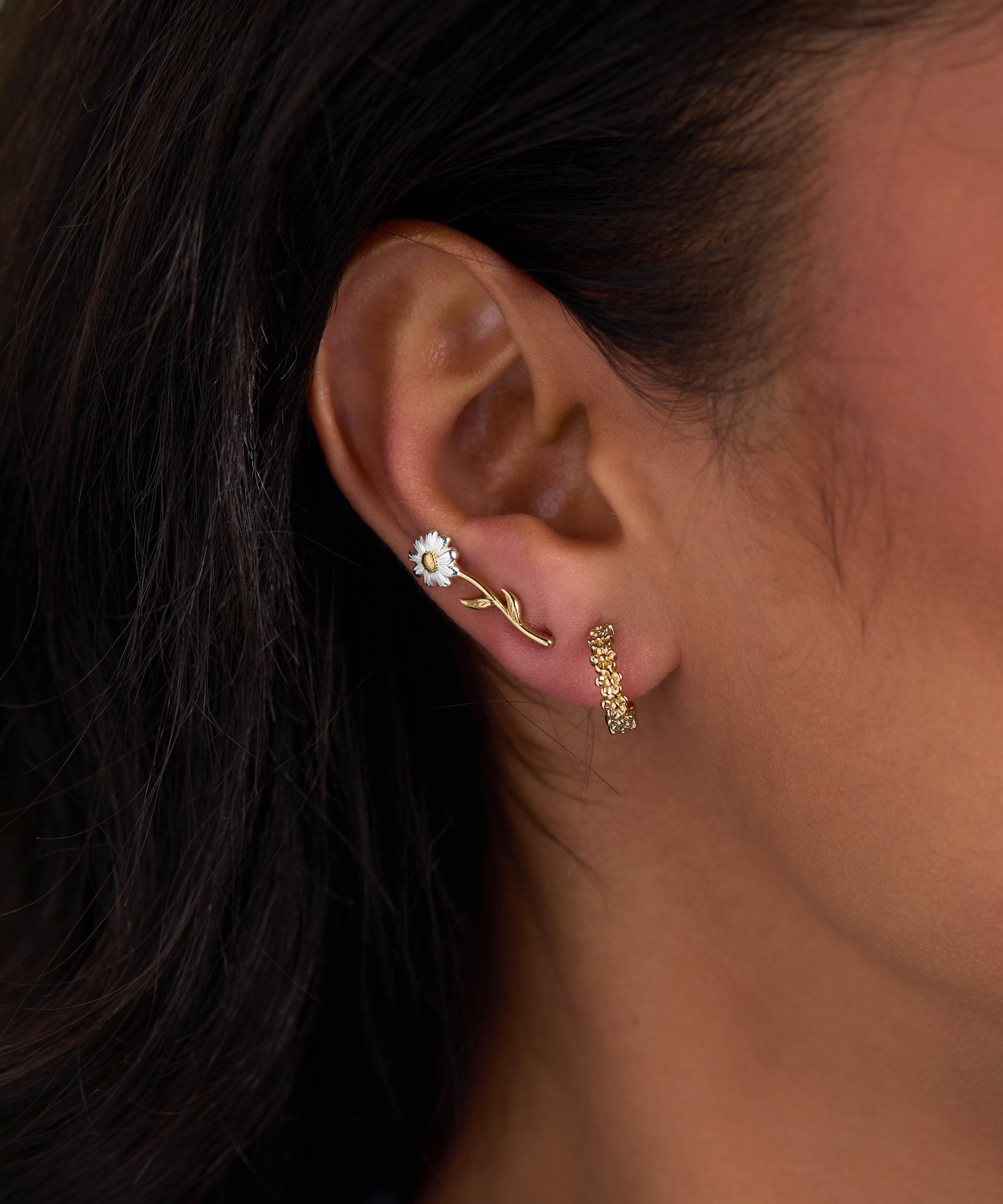 Daisy Flower Stud and Huggie Hoop Earring Set of 3