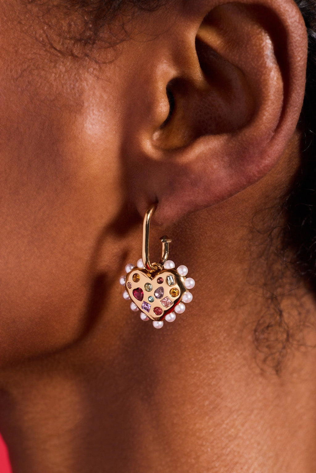 Puffy Heart Gemstone And Pearl Charm Hoop Earrings