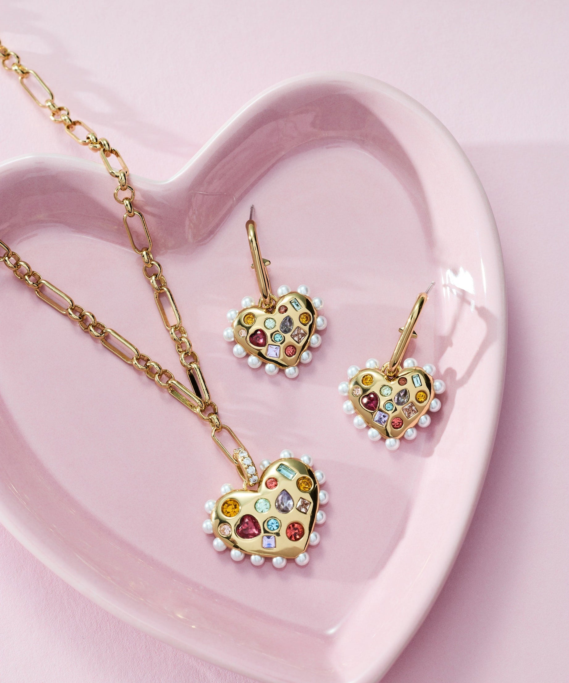 Puffy Heart Gemstone And Pearl Charm Hoop Earrings