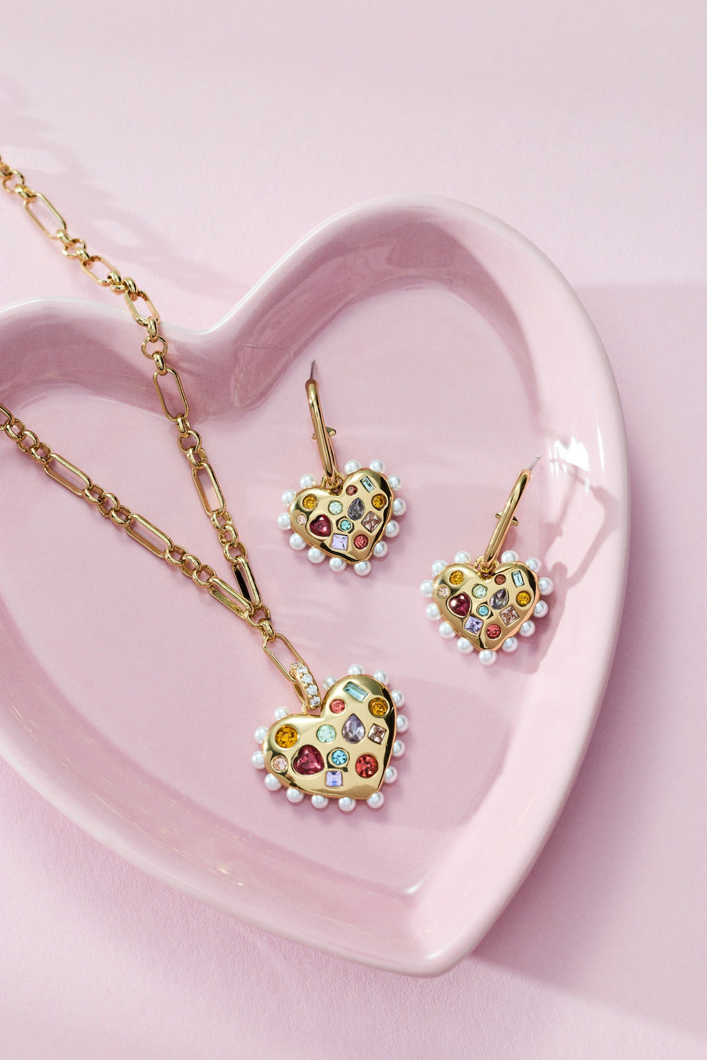 Puffy Heart Gemstone And Pearl Charm Hoop Earrings