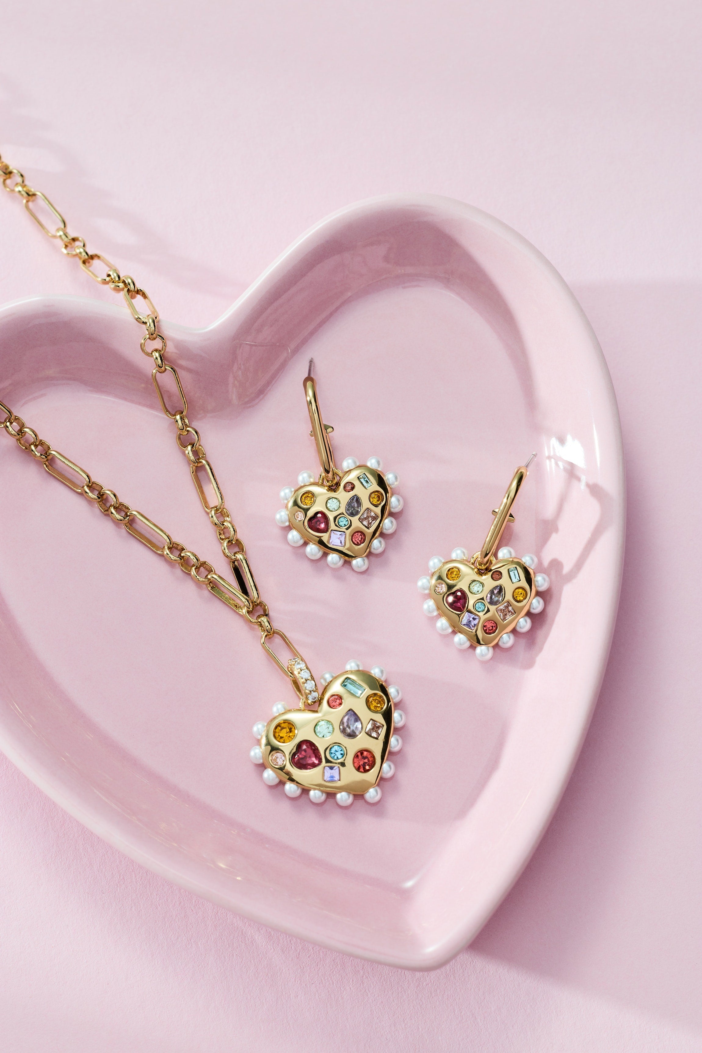 Puffy Heart Gemstone And Pearl Charm Hoop Earrings