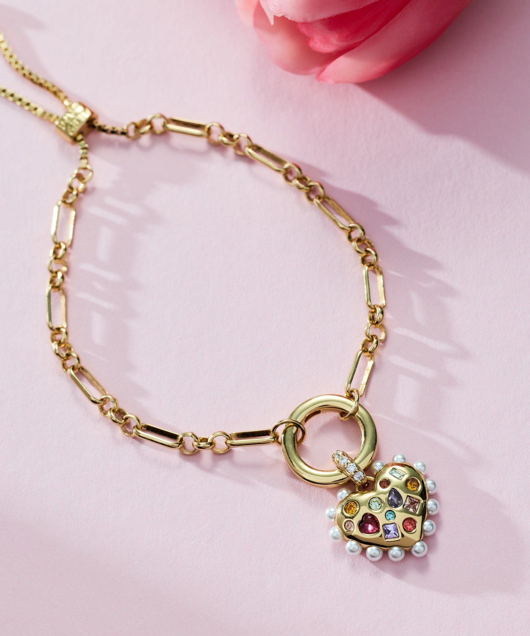 Puffy Heart Gemstone And Pearl Chain Bolo Bracelet