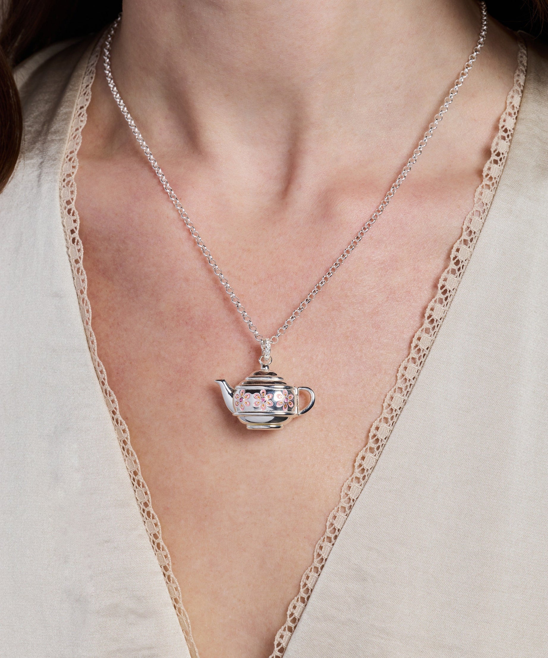 Floral Teapot Locket Pendant Necklace