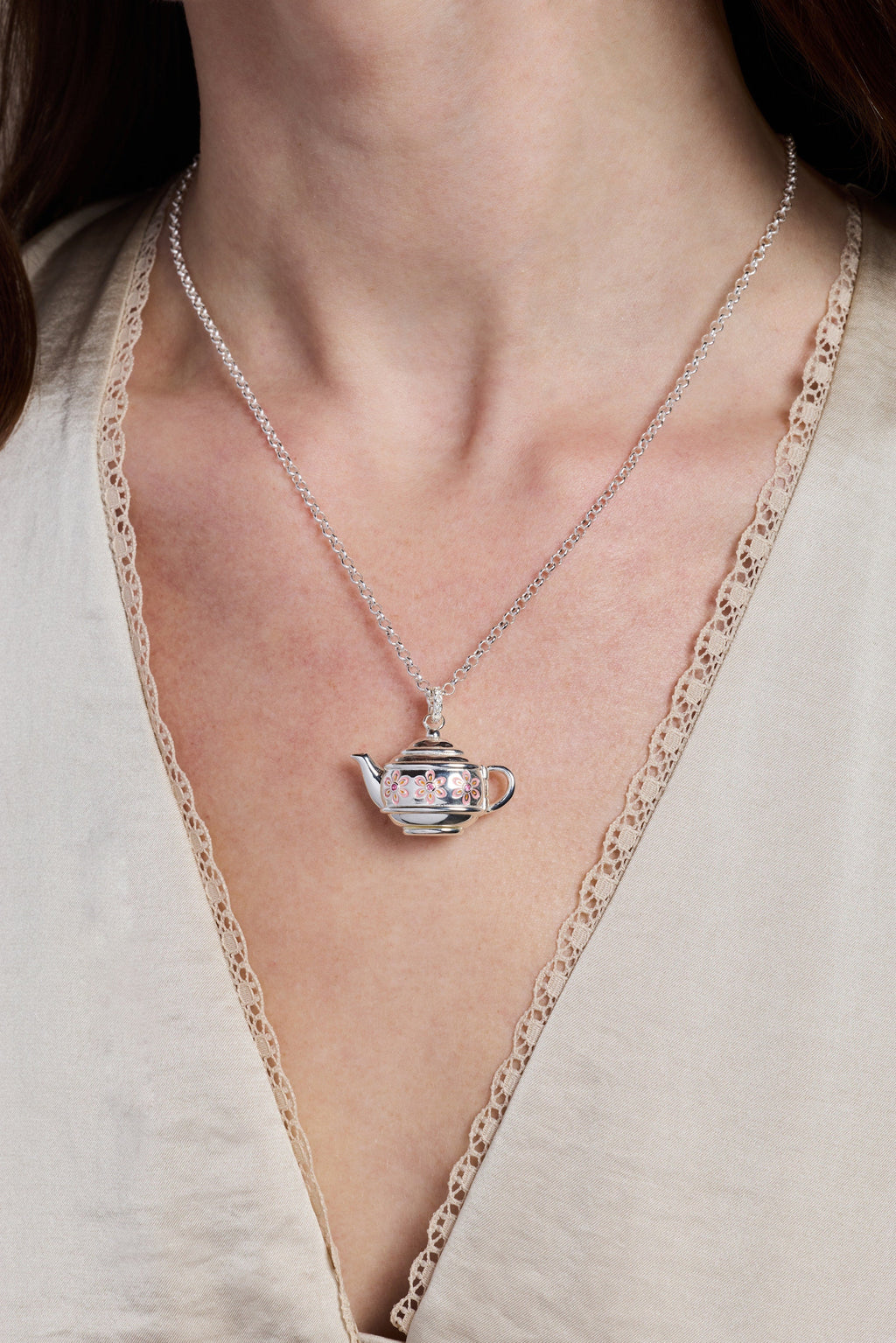 Floral Teapot Locket Pendant Necklace