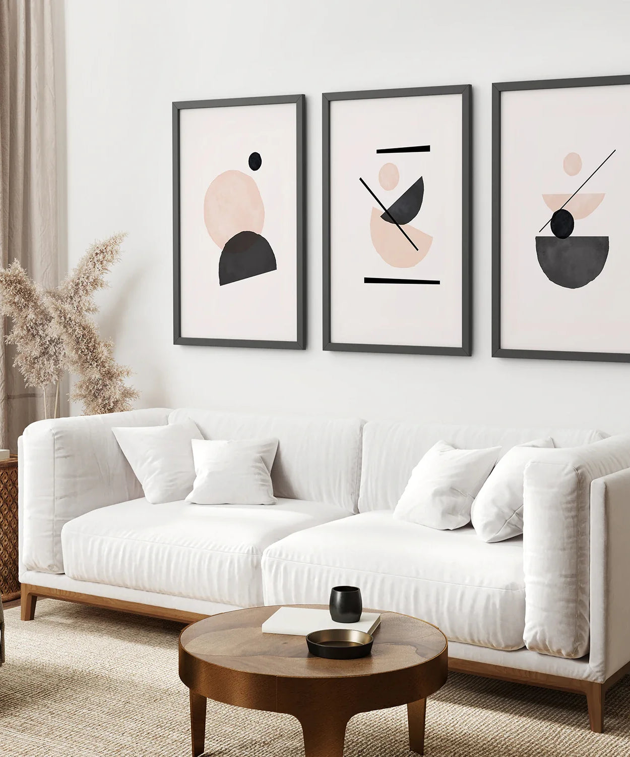 3-teiliges abstraktes Wandbild, Mid-Century-Stil. Beige und Schwarz