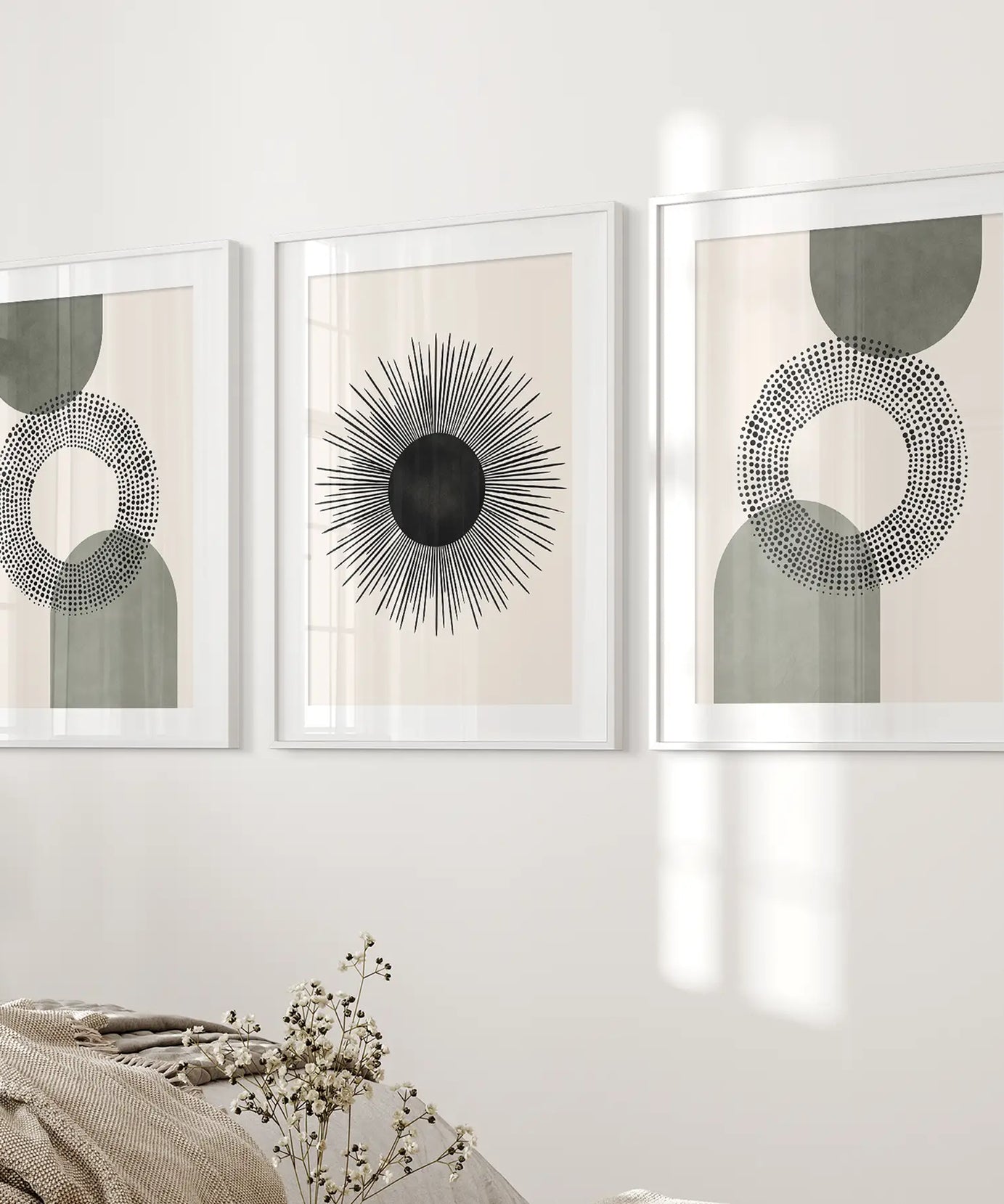 Set of 3 Boho Prints. Sage Green Modern Mid Century Wall Art.