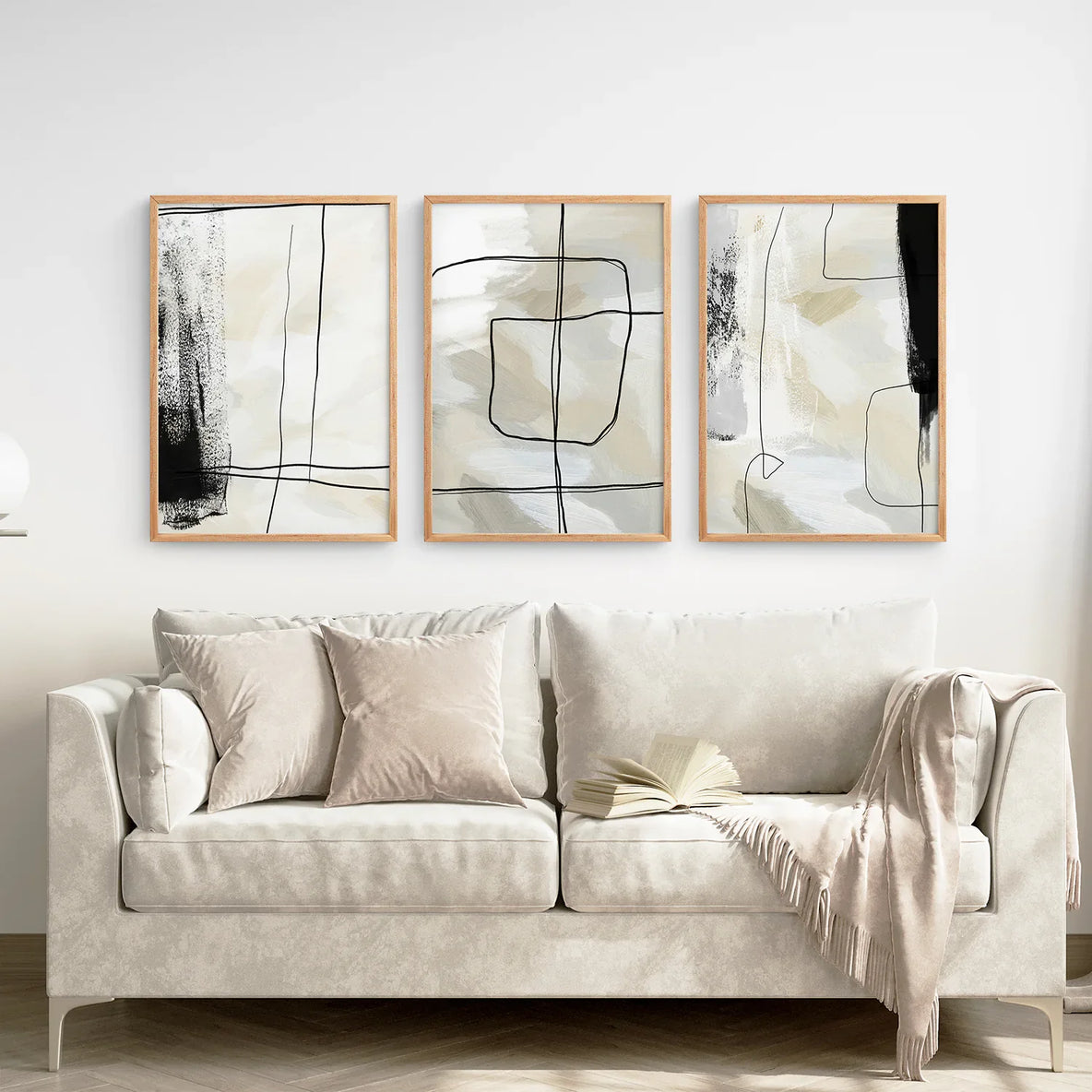 Schwarz-beiges, minimalistisches 3-teiliges Set. Nordisch abstrakter Stil