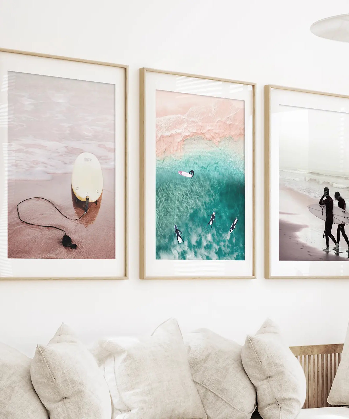 Kalifornien Surfing Vibe. Beige Türkis Küsten-Bilder Set