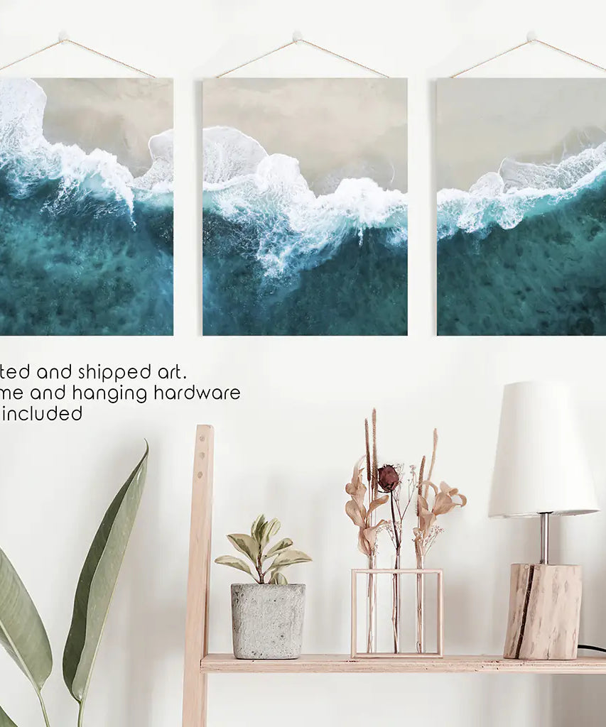 Turquoise Wave on the Sandy Beach Prints. Aerial Photography