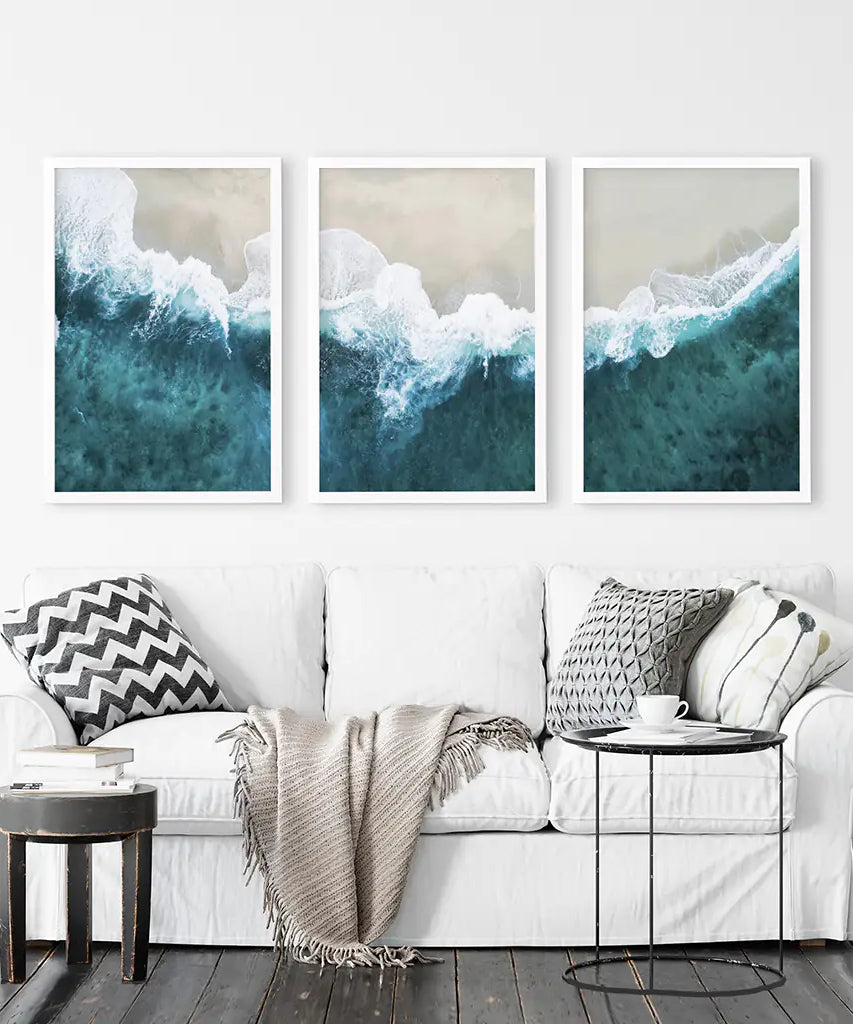 Turquoise Wave on the Sandy Beach Prints. Aerial Photography
