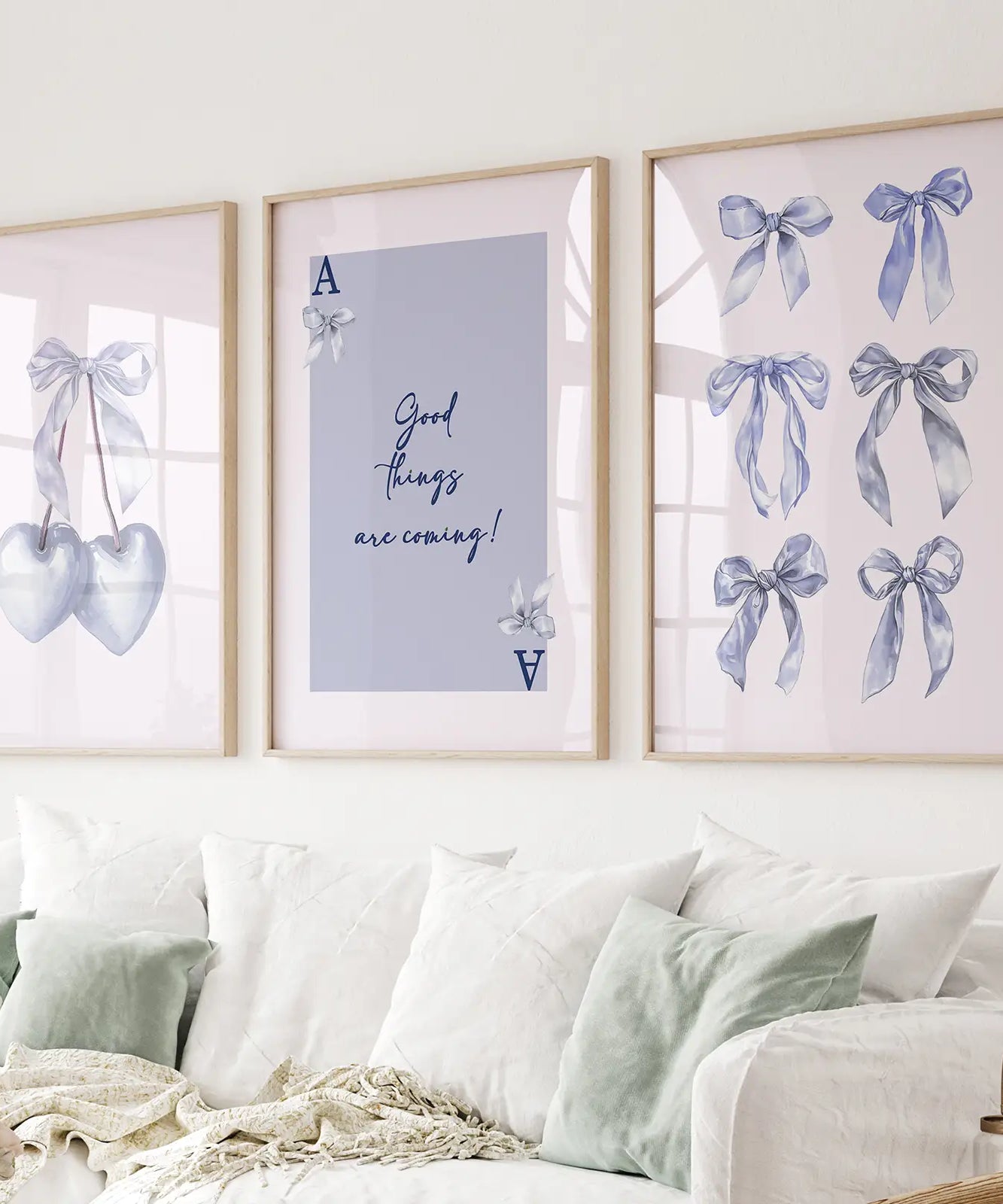 Trendige blaue Schleifen Preppy Poster Girly Deko Kunst Set