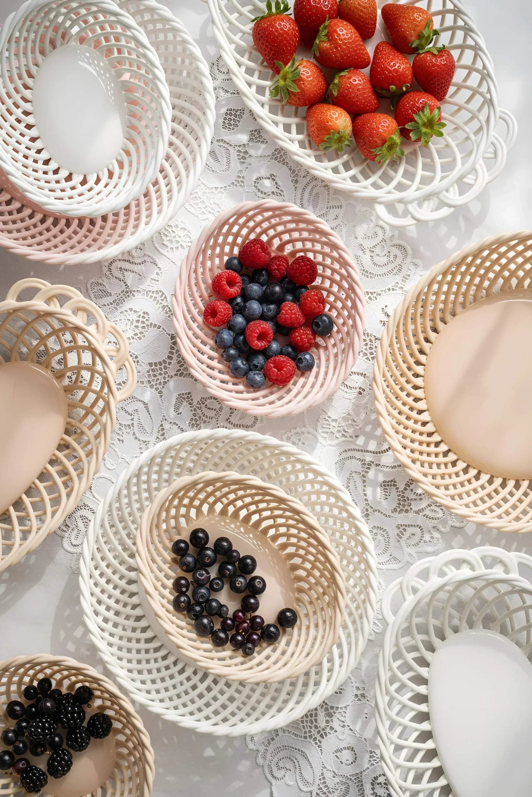 Hand-Woven Ceramic Basket -Small Oval Porcelain Dish in White, Beige & Pink