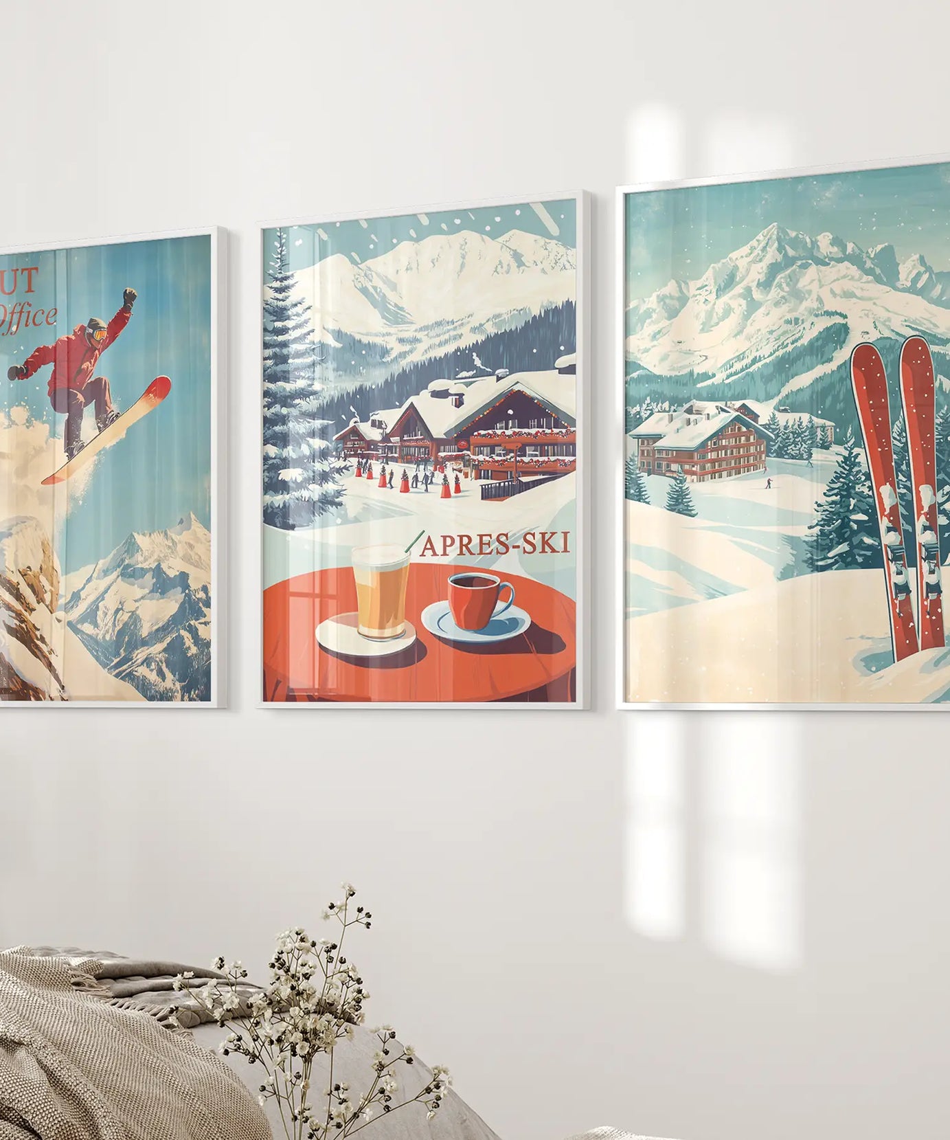 Ski Lodge Set of 3 Prints: Retro Snowboard, Après Ski Art