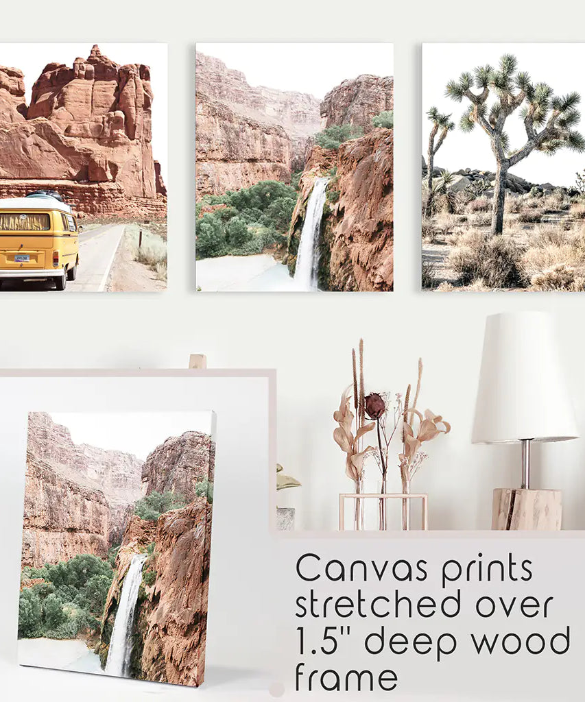 3-teilige Arizona-Reise-Wandkunst. Joshua Tree, Bus, Wasserfall