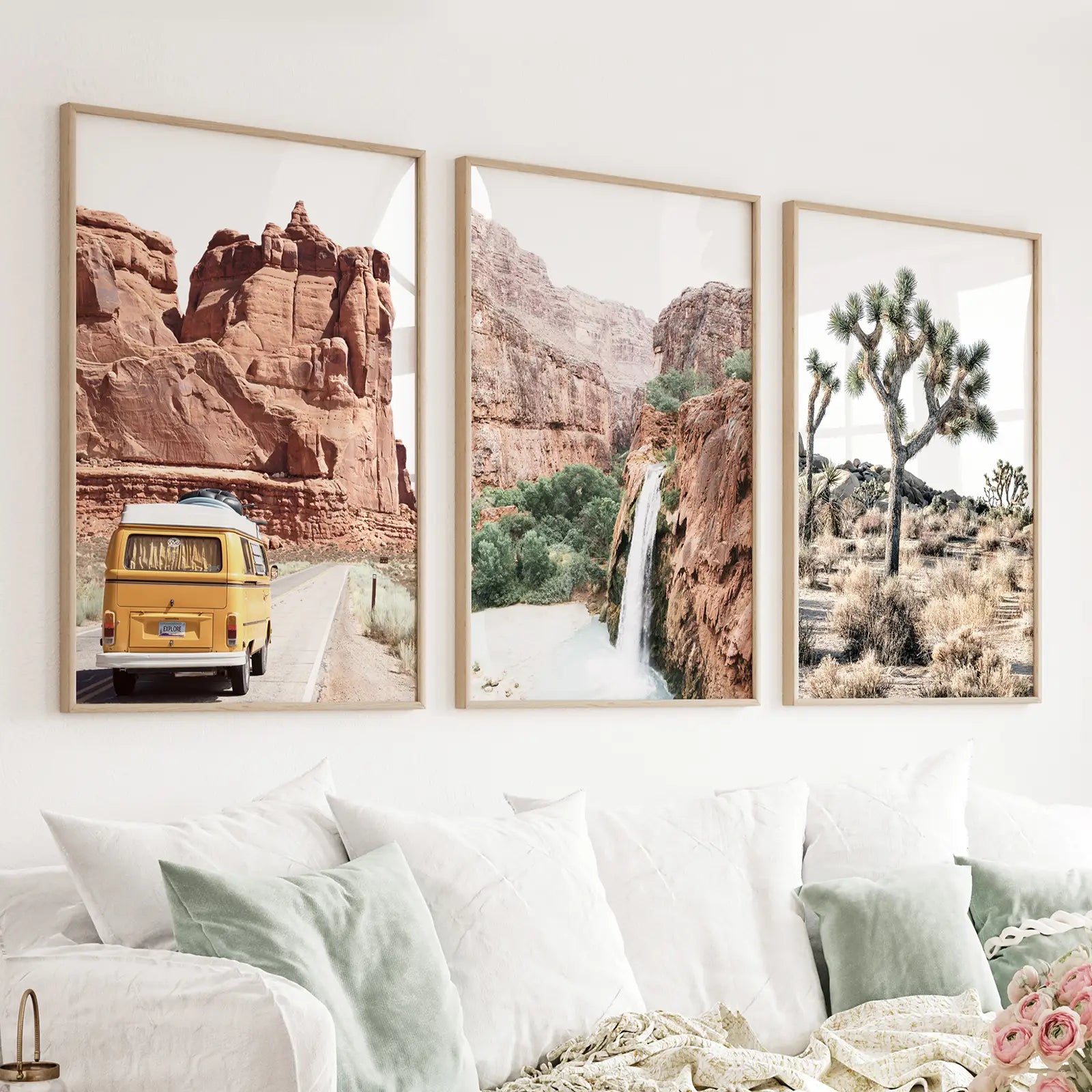 3-teilige Arizona-Reise-Wandkunst. Joshua Tree, Bus, Wasserfall