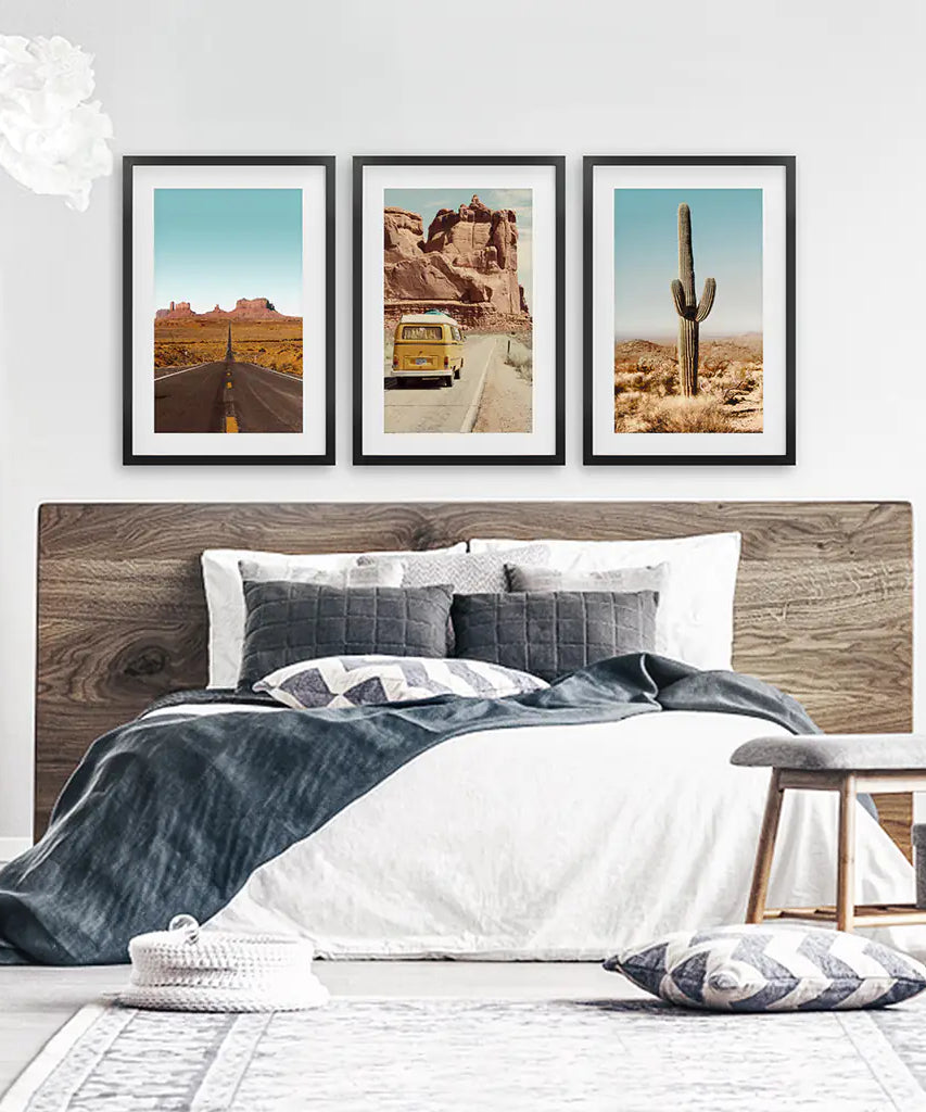 Arizona Desert Travel Art. Grand Canyon, Retro Van, Cactus