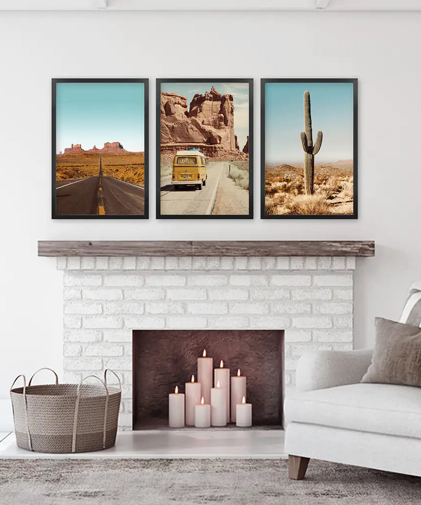 Arizona Desert Travel Art. Grand Canyon, Retro Van, Cactus