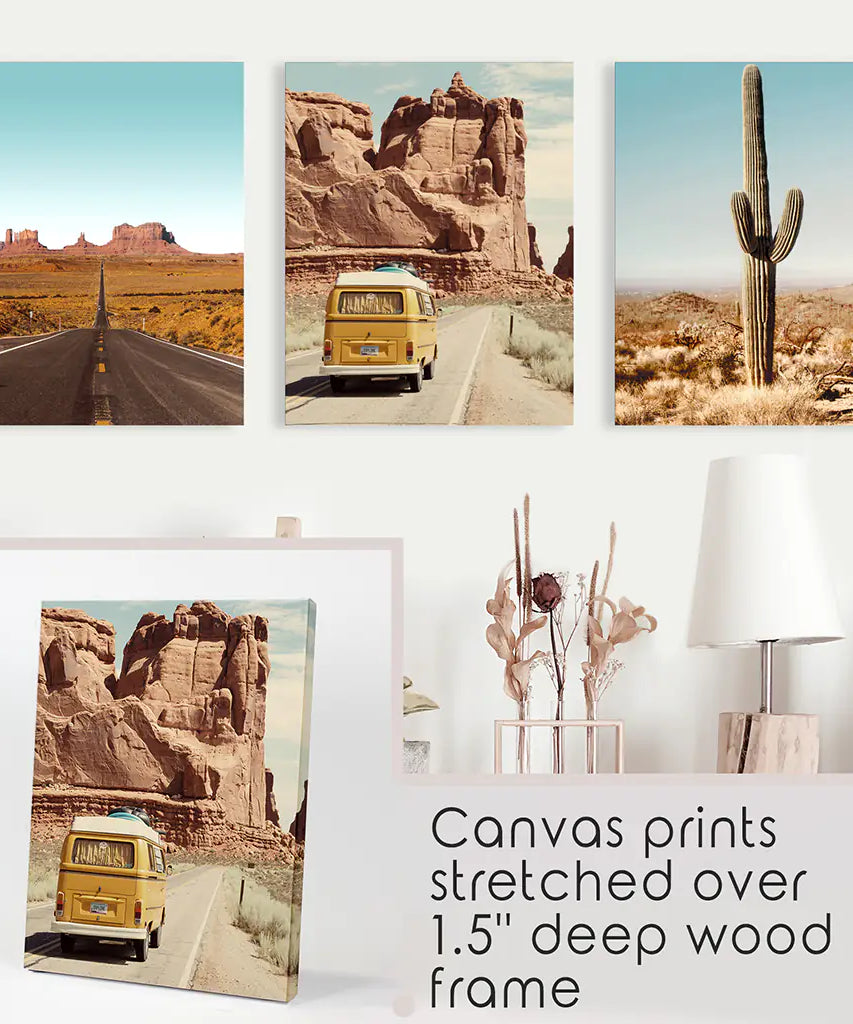 Arizona Desert Travel Art. Grand Canyon, Retro Van, Cactus