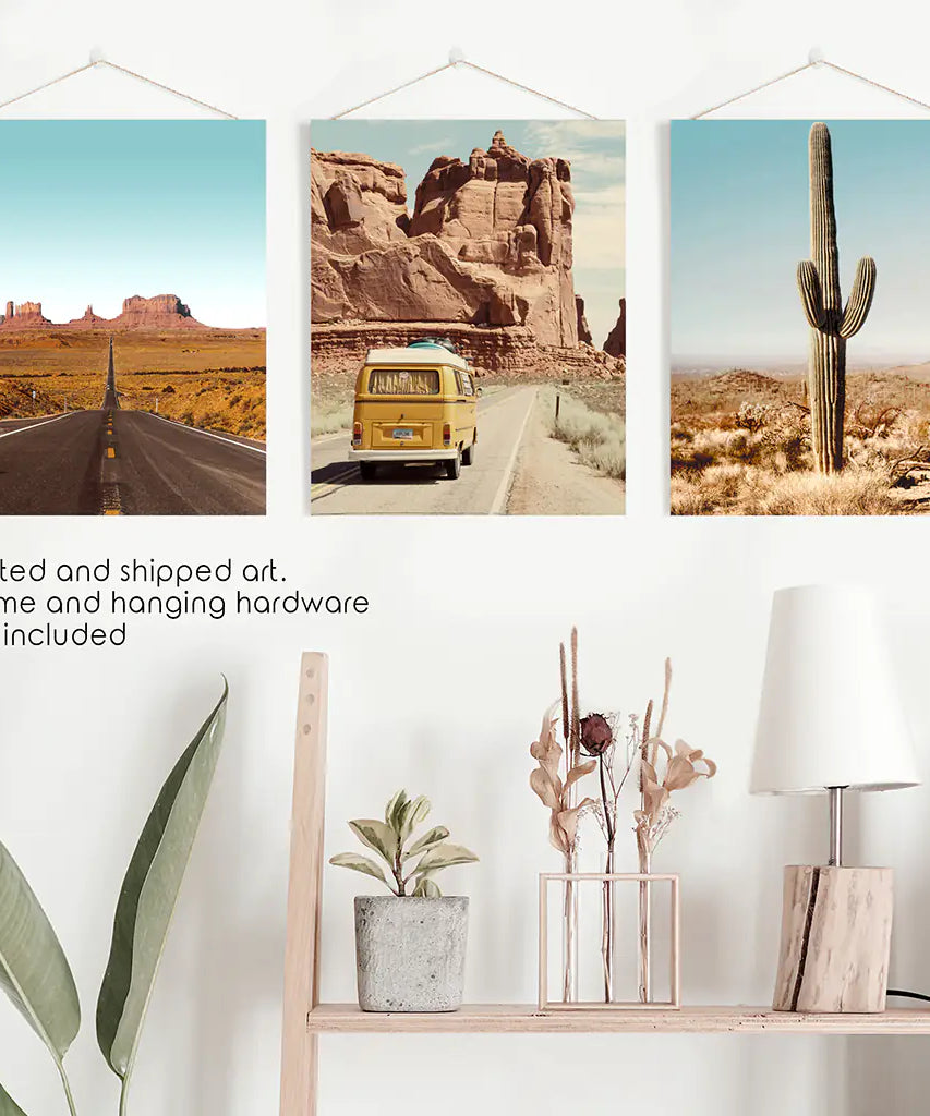 Arizona Desert Travel Art. Grand Canyon, Retro Van, Cactus