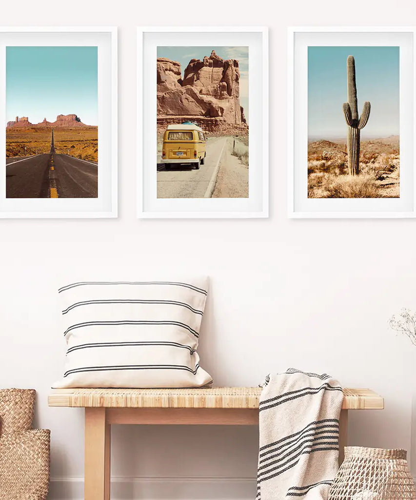 Arizona Desert Travel Art. Grand Canyon, Retro Van, Cactus