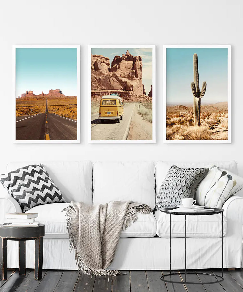 Arizona Desert Travel Art. Grand Canyon, Retro Van, Cactus