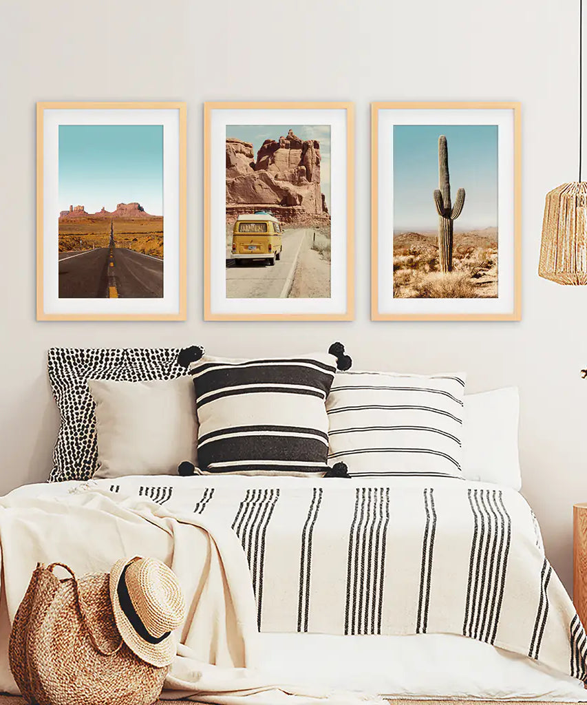 Arizona Desert Travel Art. Grand Canyon, Retro Van, Cactus