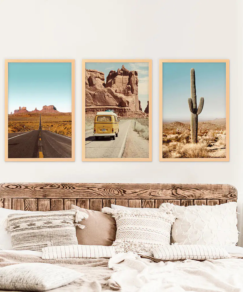 Arizona Desert Travel Art. Grand Canyon, Retro Van, Cactus