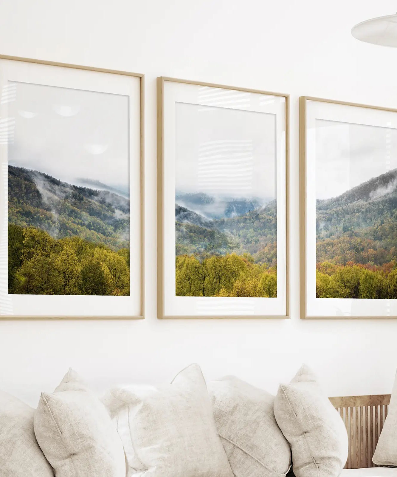 Foggy Mountains and Green Forest. Photo Triptych