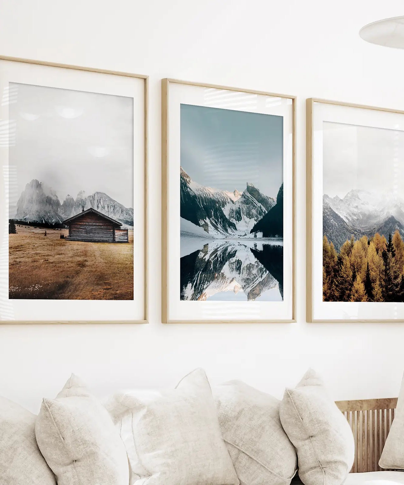 3-teilige Herbst Berg, Wald, See Wandkunst. Nordisches Foto