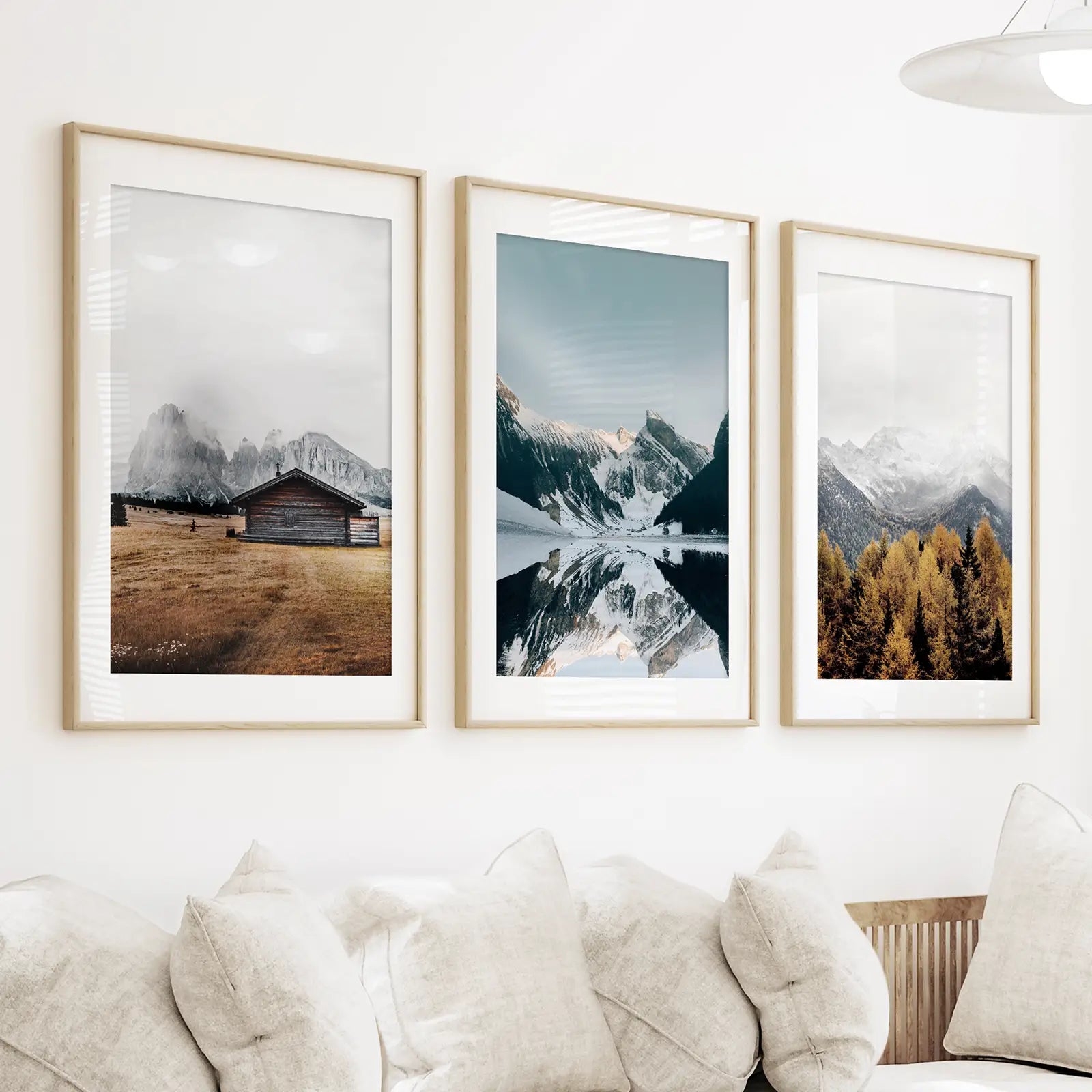 3-teilige Herbst Berg, Wald, See Wandkunst. Nordisches Foto
