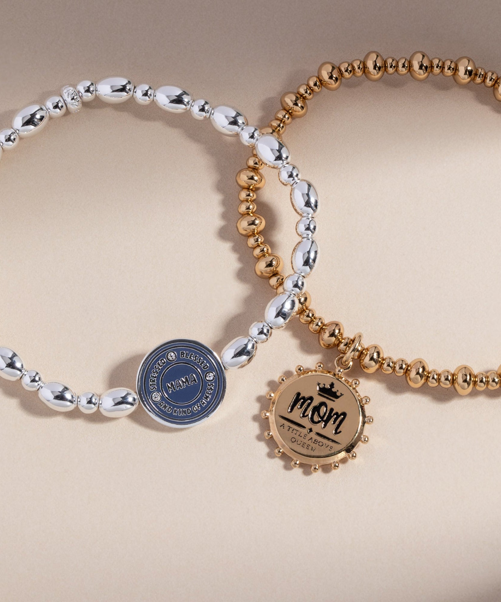 'Mom, A Title Above Queen' Beaded Stretch Charm Bracelet