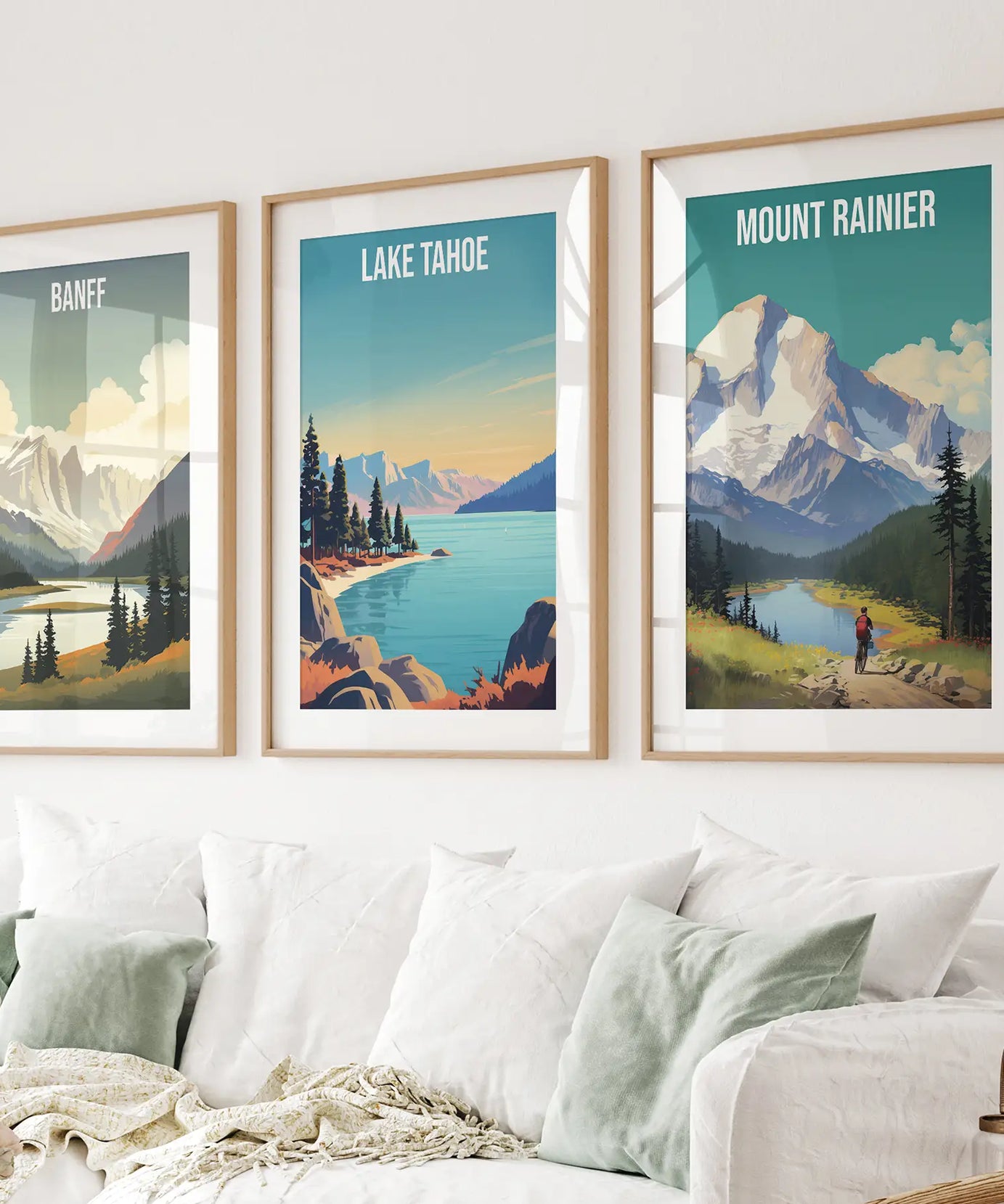 3er-Set Reise-Poster. Banff, Lake Tahoe, Mount Rainier