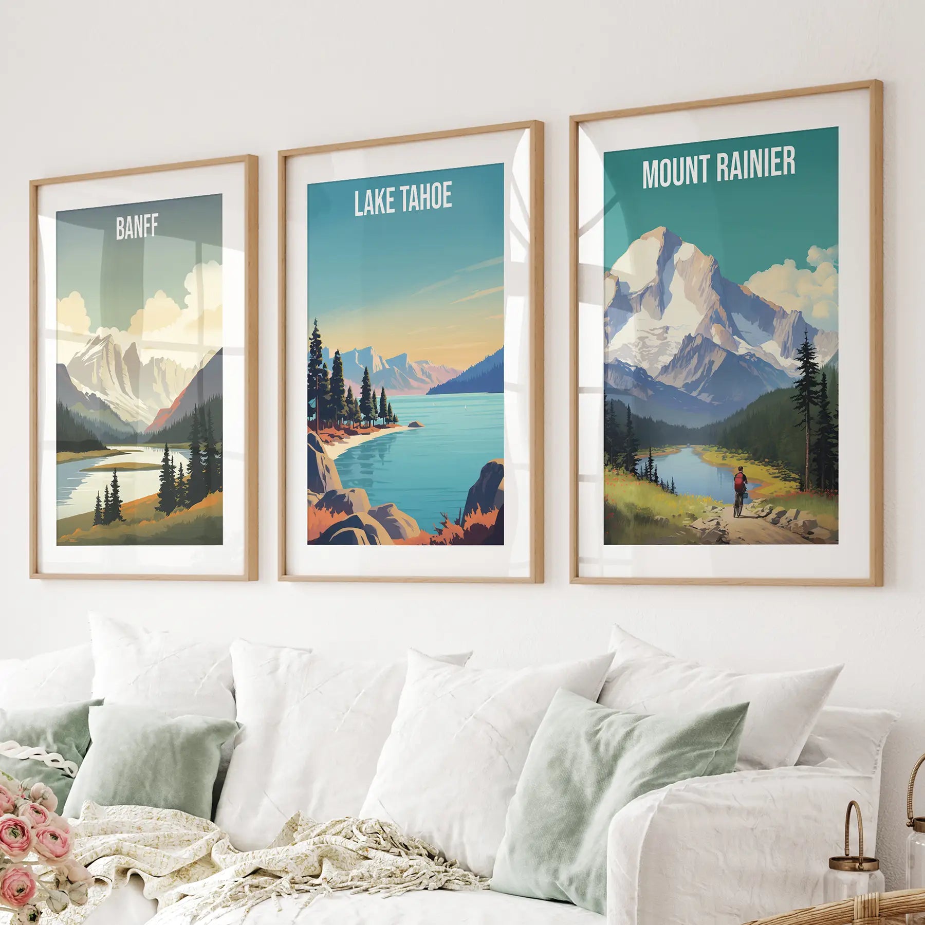 3er-Set Reise-Poster. Banff, Lake Tahoe, Mount Rainier
