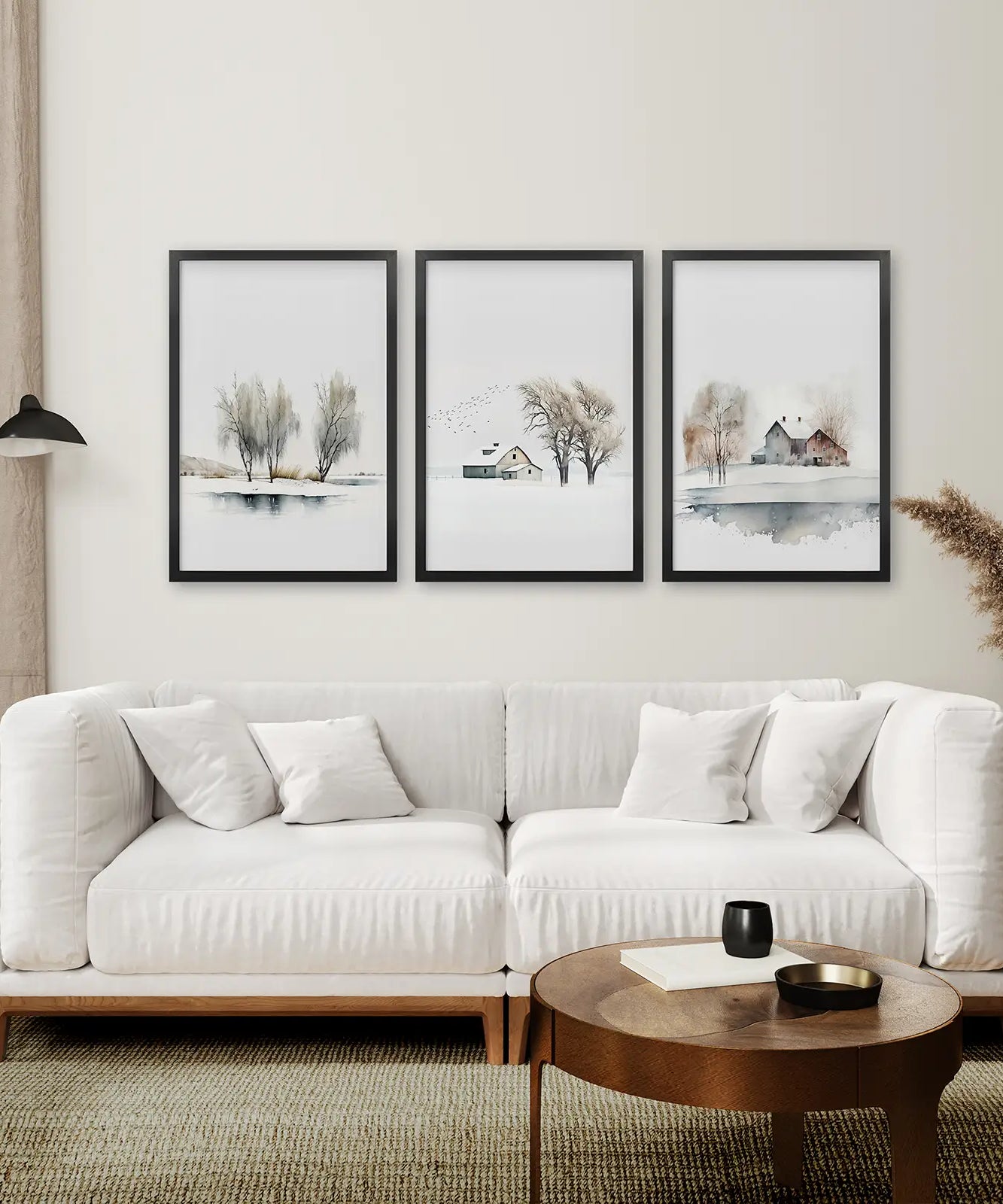 Winter Bauernhof Baum Aquarell Wandkunst Poster Set