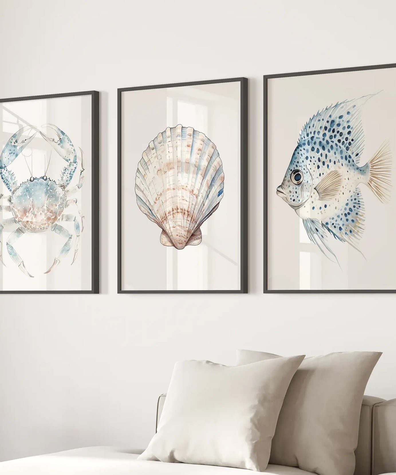 Watercolor Light Blue Nautical 3 Piece Art. Crab, Shell, Fish