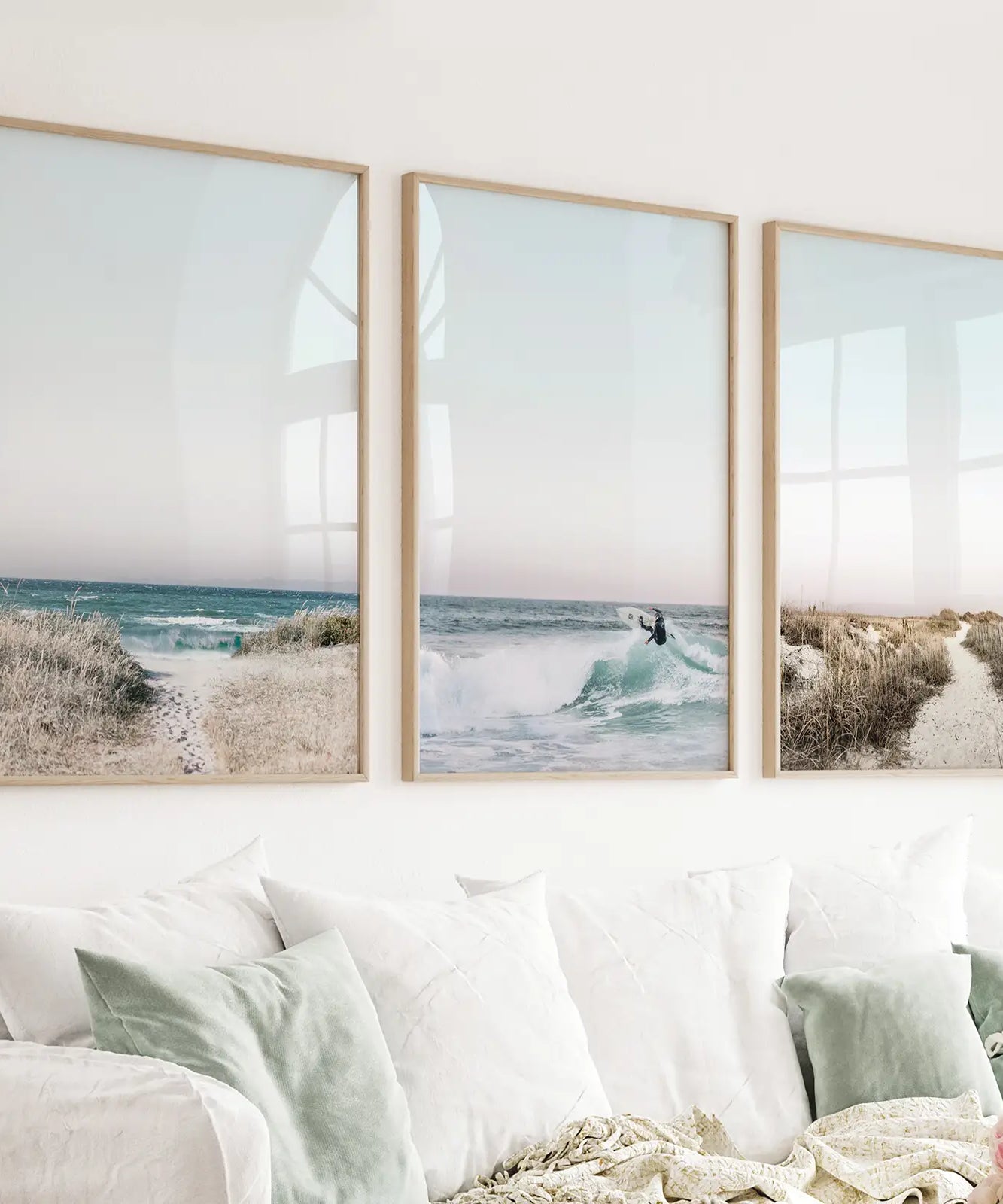 Ocean Surfing 3 Piece Wall Art. Blue Waves, Sandy Beach Path