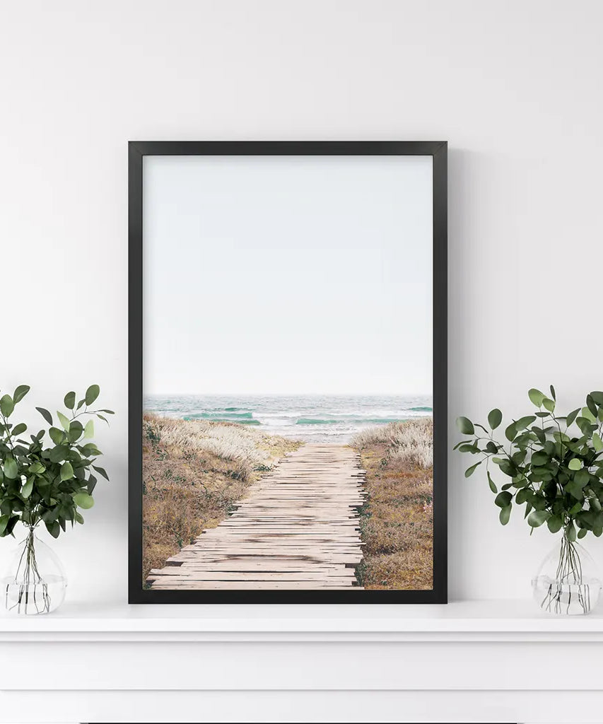 Beige Strandweg Wanddekoration. Moderner Boho-Druck