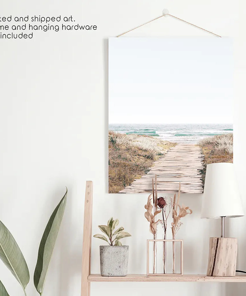 Beige Strandweg Wanddekoration. Moderner Boho-Druck