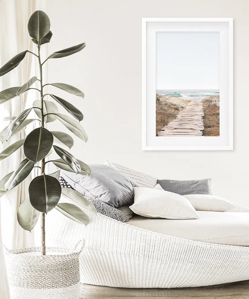 Beige Strandweg Wanddekoration. Moderner Boho-Druck