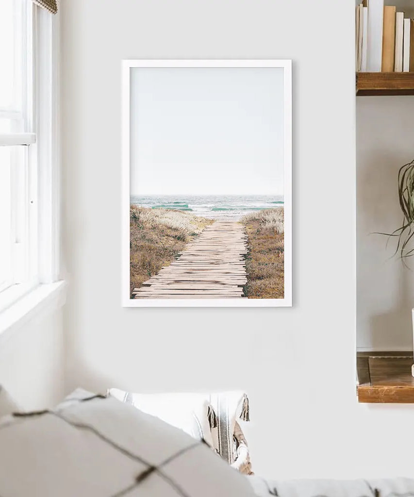 Beige Strandweg Wanddekoration. Moderner Boho-Druck